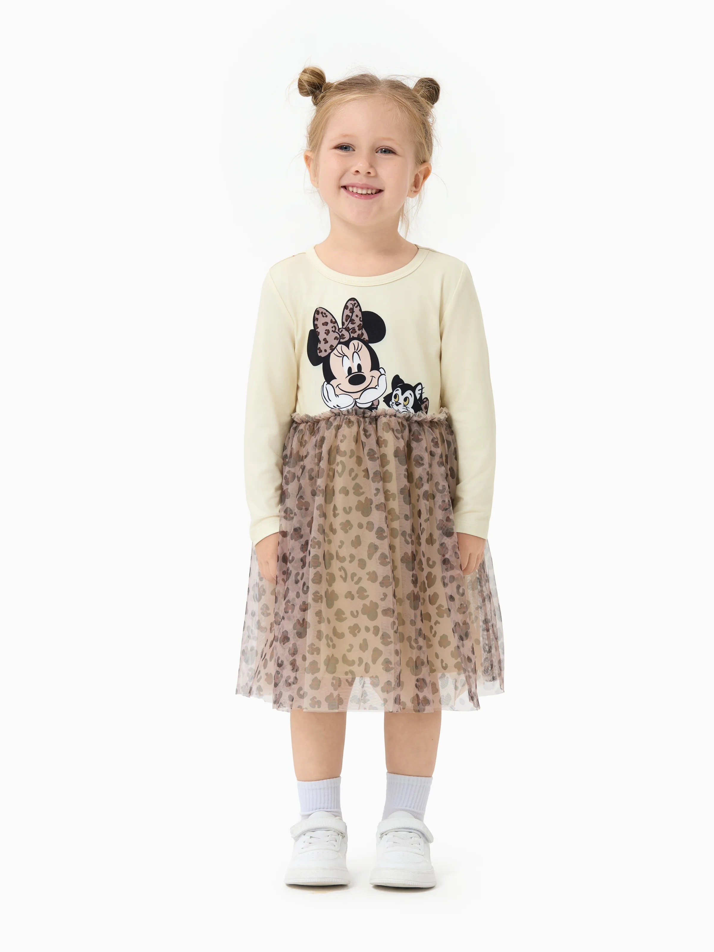 Disney Mickey and Friends Toddler Girl Christmas Minnie Mouse Graphic Long Sleeve Tulle Dress Khaki - Image 4