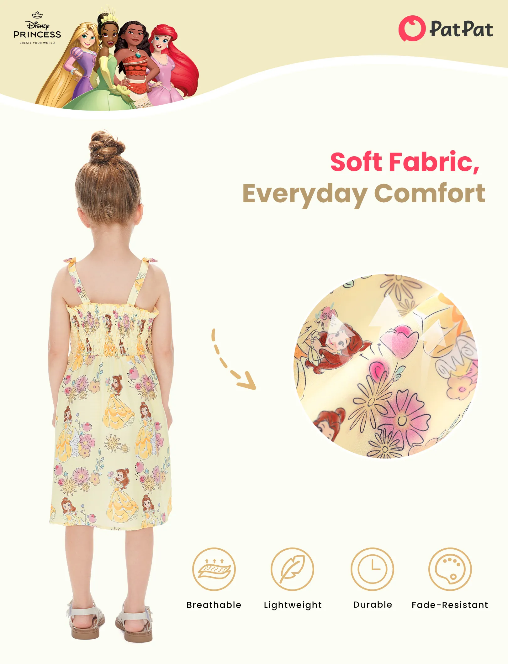 Disney Princess Toddler Girl Belle Print Floral Dress Yellow - Image 3