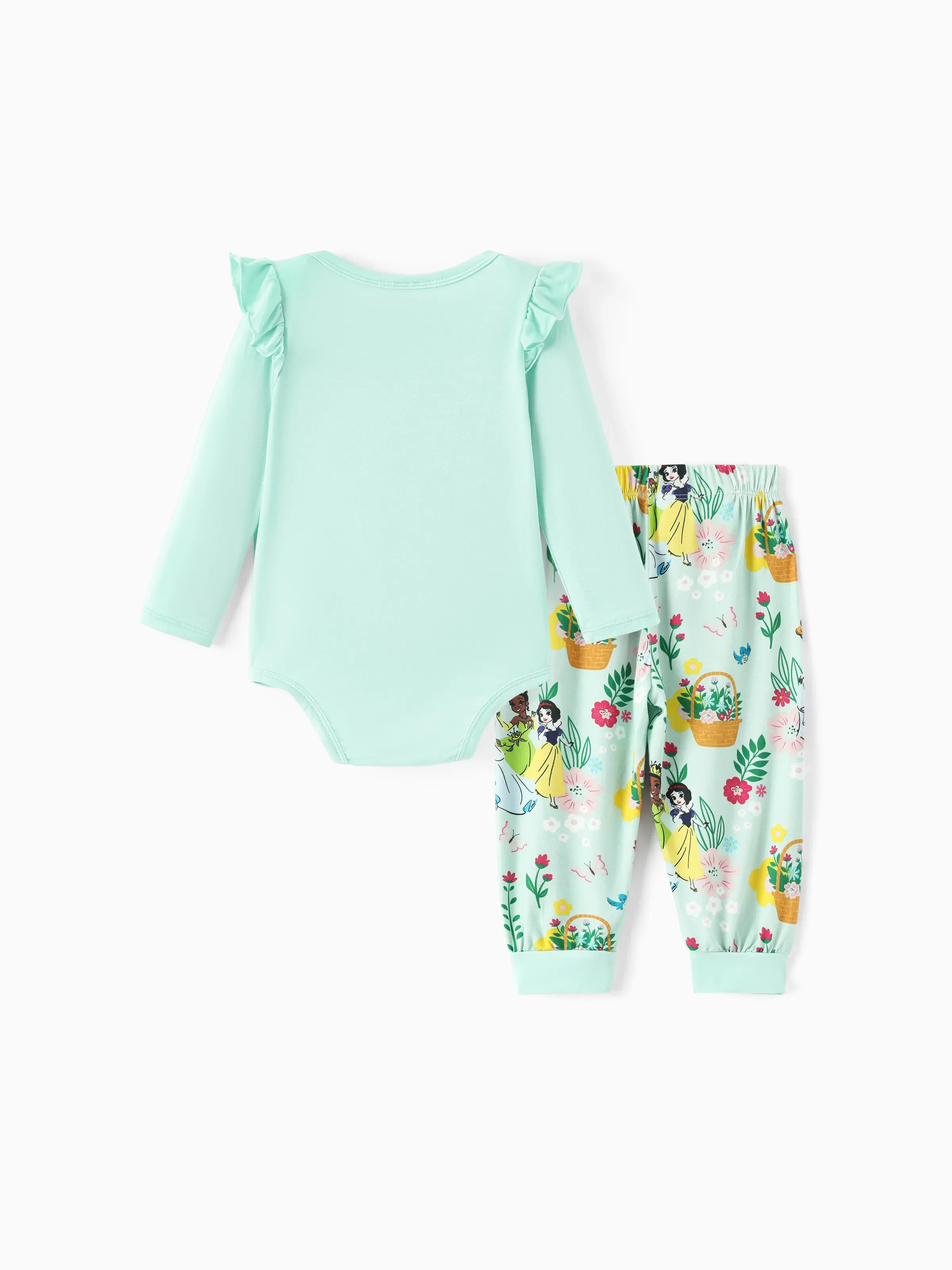 Disney Princess Baby Girl 2pcs Tiana/Cinderella/Snow White Bamboo Ruffle Sleeves Top and Leggings Set Green - Image 4