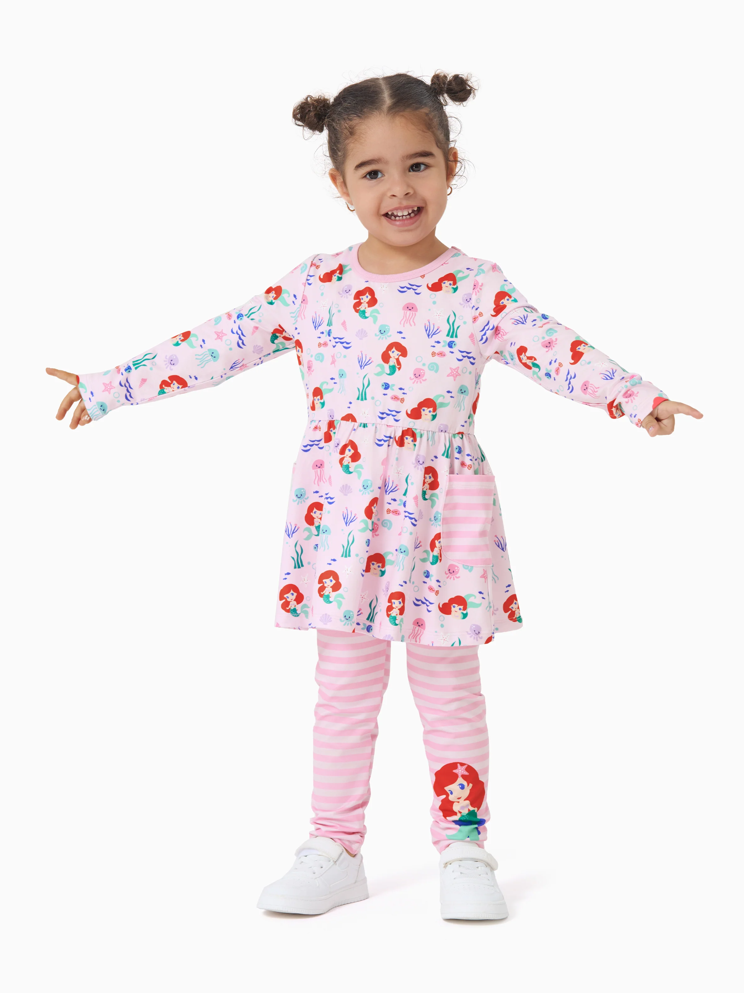 Disney Princess Baby/Toddler Girl Ariel 2pcs Striped Ruffle Tunic Top and Leggings Set Pink - Image 4