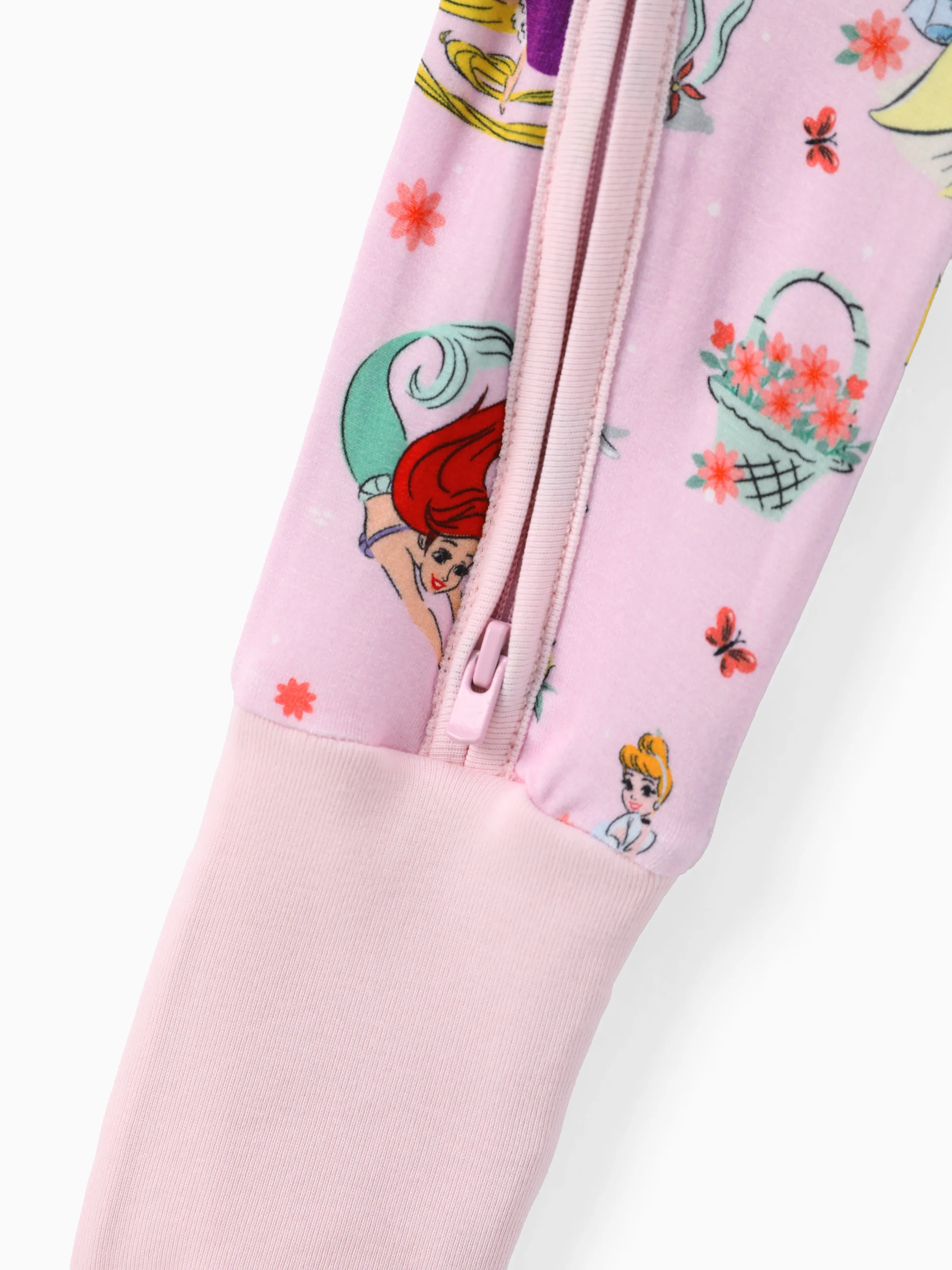 Disney Princess Bamboo Baby Girl Ariel/Belle/Tiana 2-Way Zip Onesies Anti Slip Long-sleeve Footie Pink - Image 6