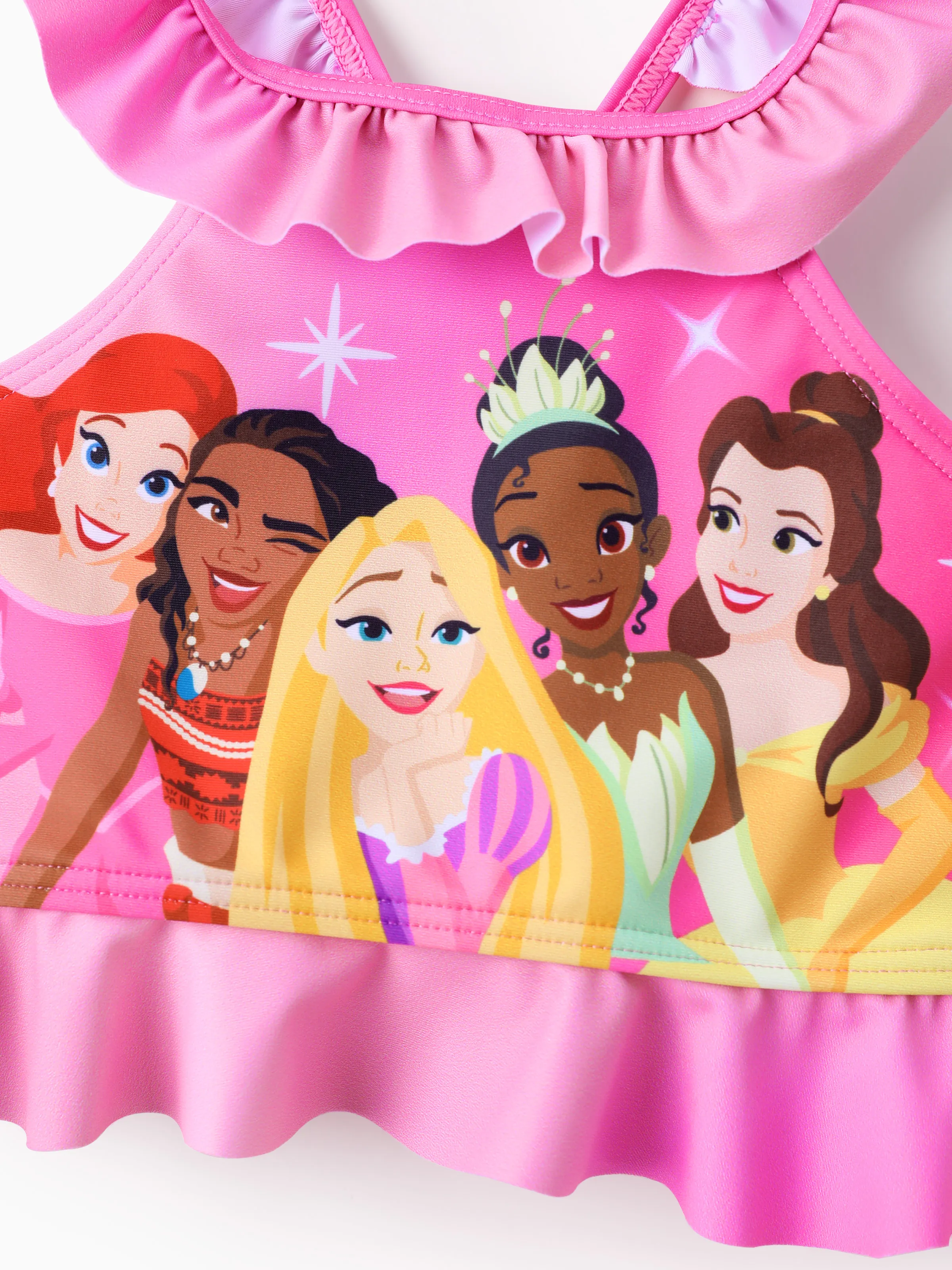 Disney Princess Toddler Girl 2pcs Ariel Moana Rapunzel Tiana & Beller Polka Dots/Floral Print UPF 50+ Swimsuit Set Pink - Image 2