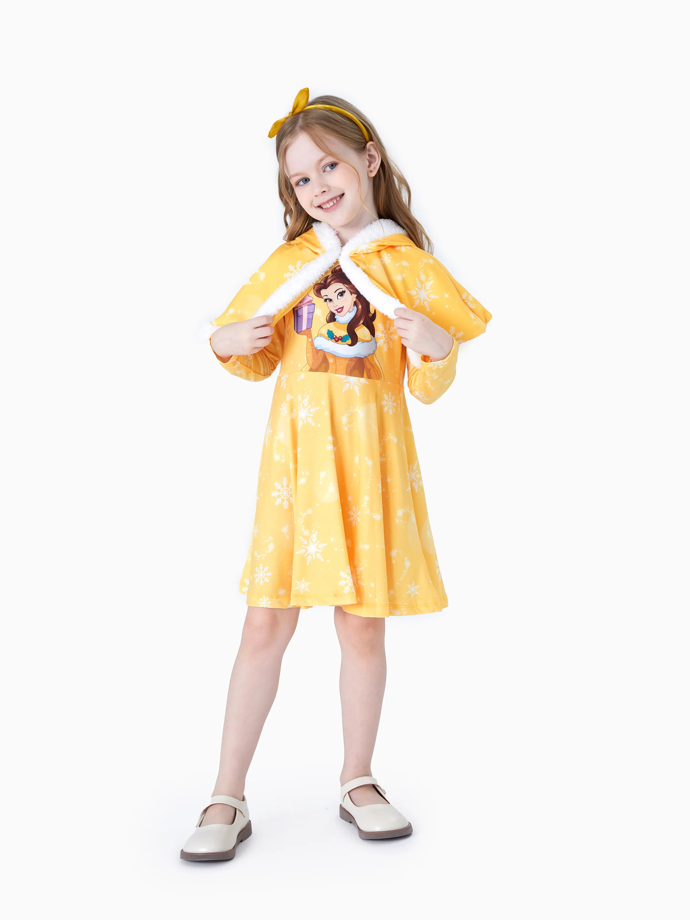 Disney Princess Toddler Girl Naia™ Belle Print Dress and Hooded Allover Snowflake Print Cloak Set Yellow - Image 4