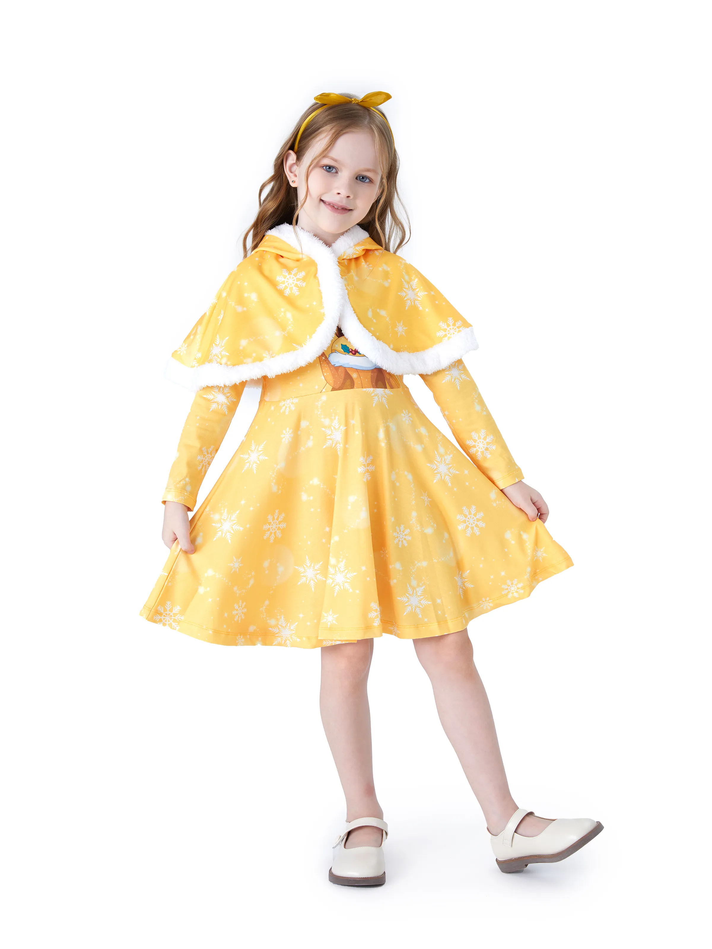 Disney Princess Toddler Girl Naia™ Belle Print Dress and Hooded Allover Snowflake Print Cloak Set Yellow - Image 5
