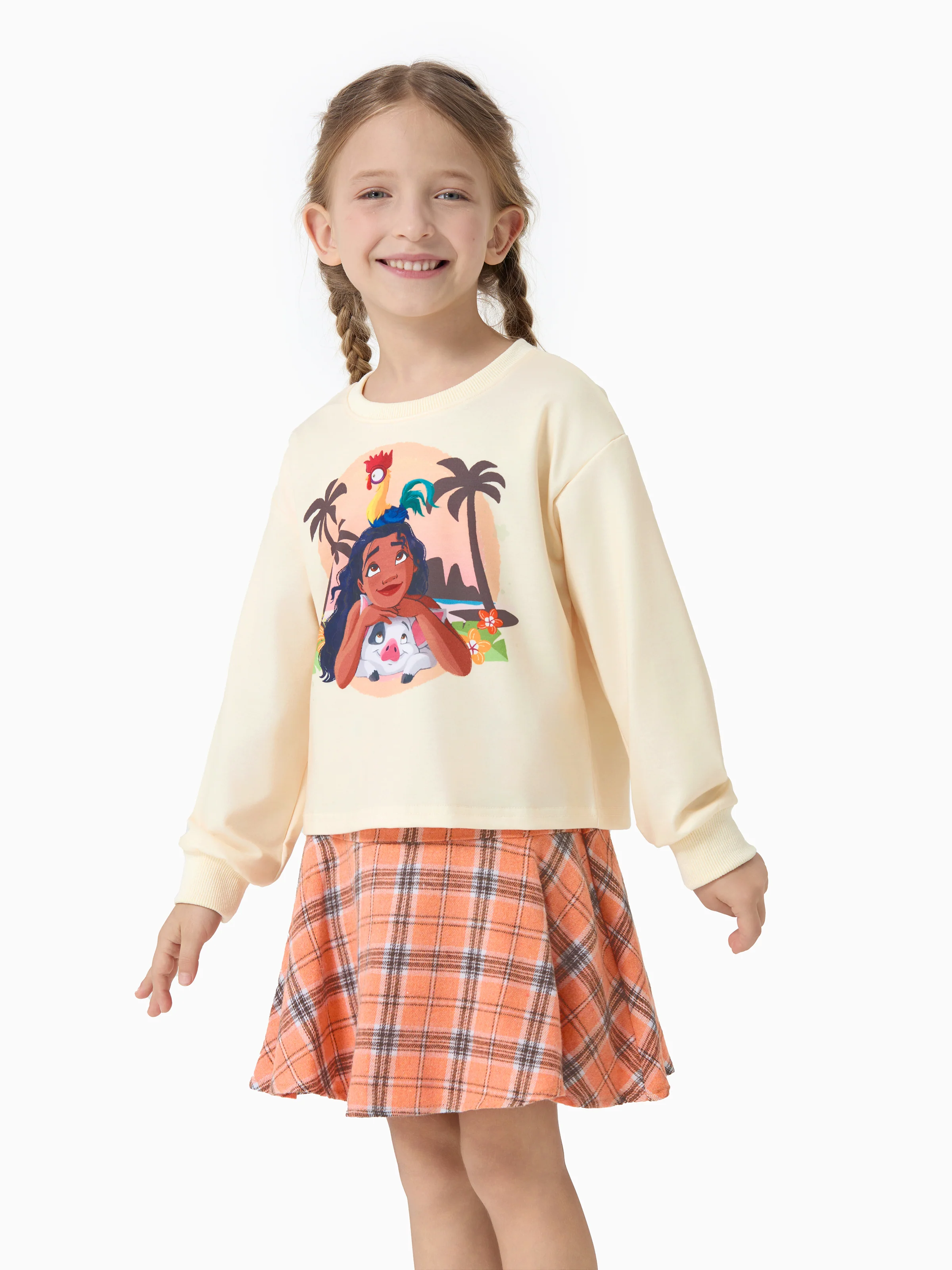 Disney Princess Toddler Girl 2pcs Moana Long Sleeve Plaid Print Skirt Set Apricot-toned Apricot - Image 3