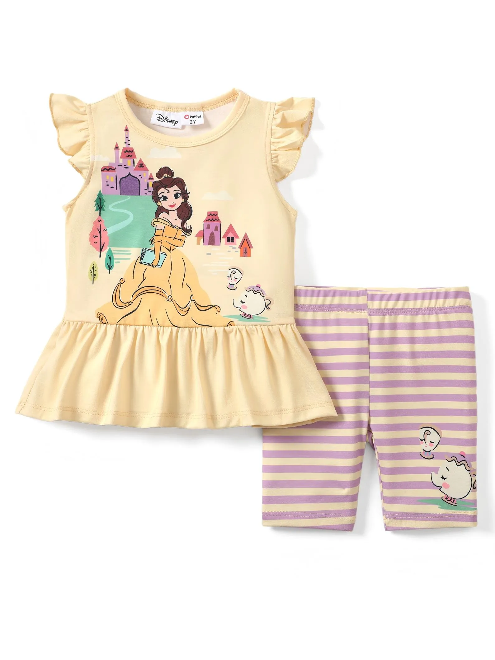 Disney Princess Toddler Girl 2pcs Naia™ Belle Print Ruffled Top with Stripped Leggings Set Yellow - Image 4
