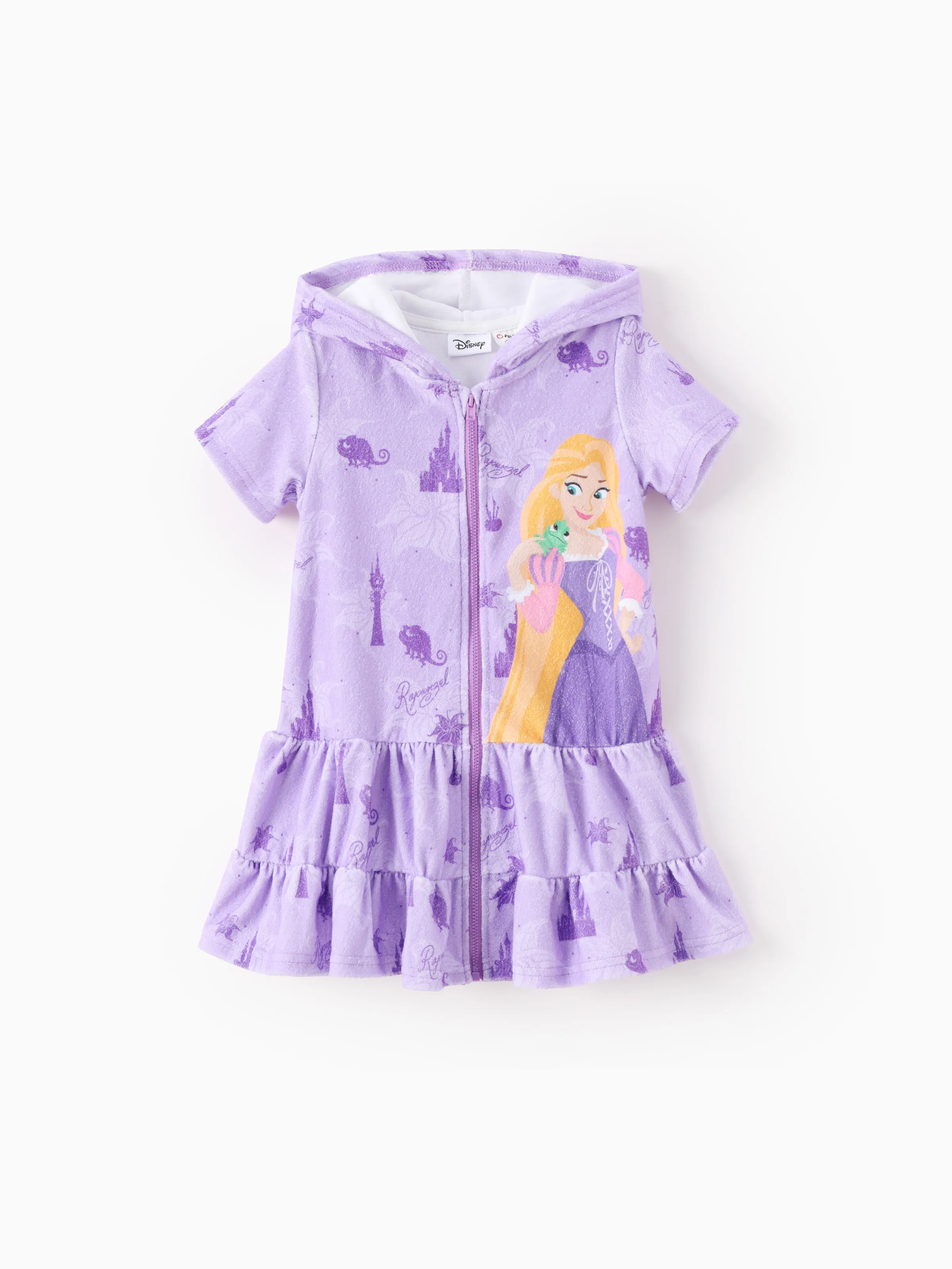 Disney Princess Toddler/Kid Girl Rapunzel Castle Allover Print Hooded Zipper Ruffle-hem Swim Cover-up Purple - Image 8
