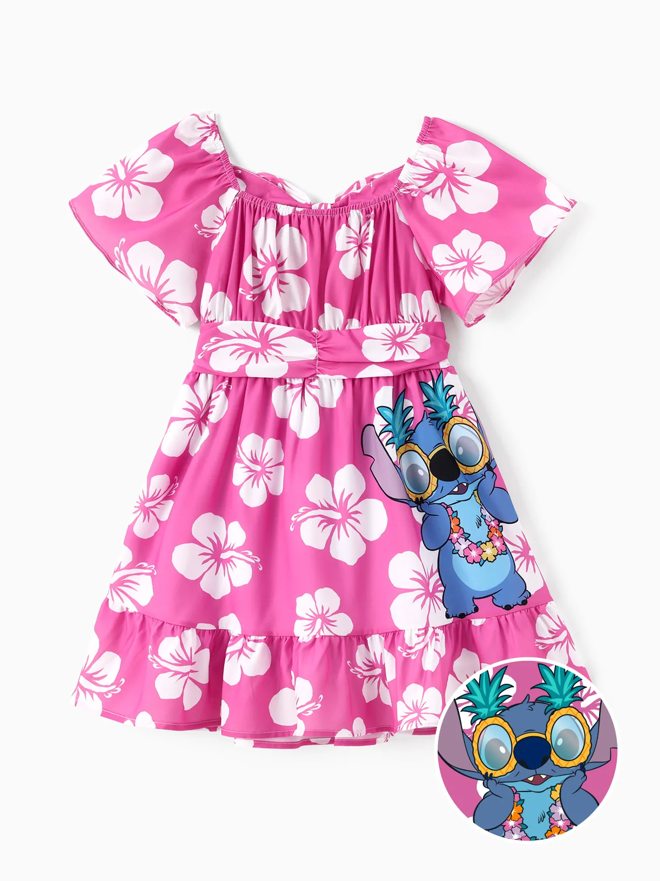 Disney Stitch Kid Girl Floral/Palm Tree Print Ruffled Babydoll Dress Hot Pink - Image 3
