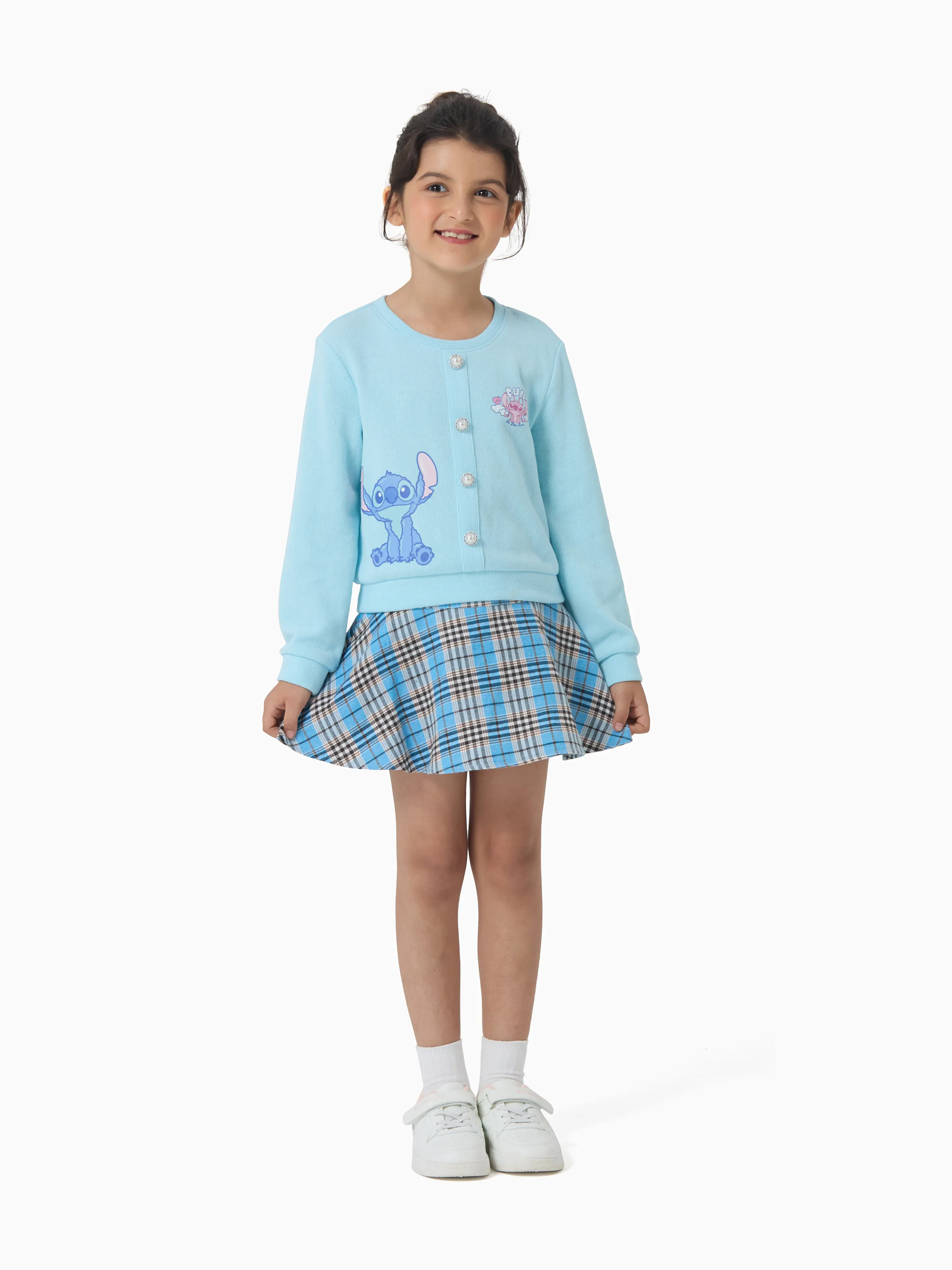 Disney Stitch Toddler/Kids Girl 2pcs Stitch Knitted Button-up Front Skirt Set Blue - Image 3