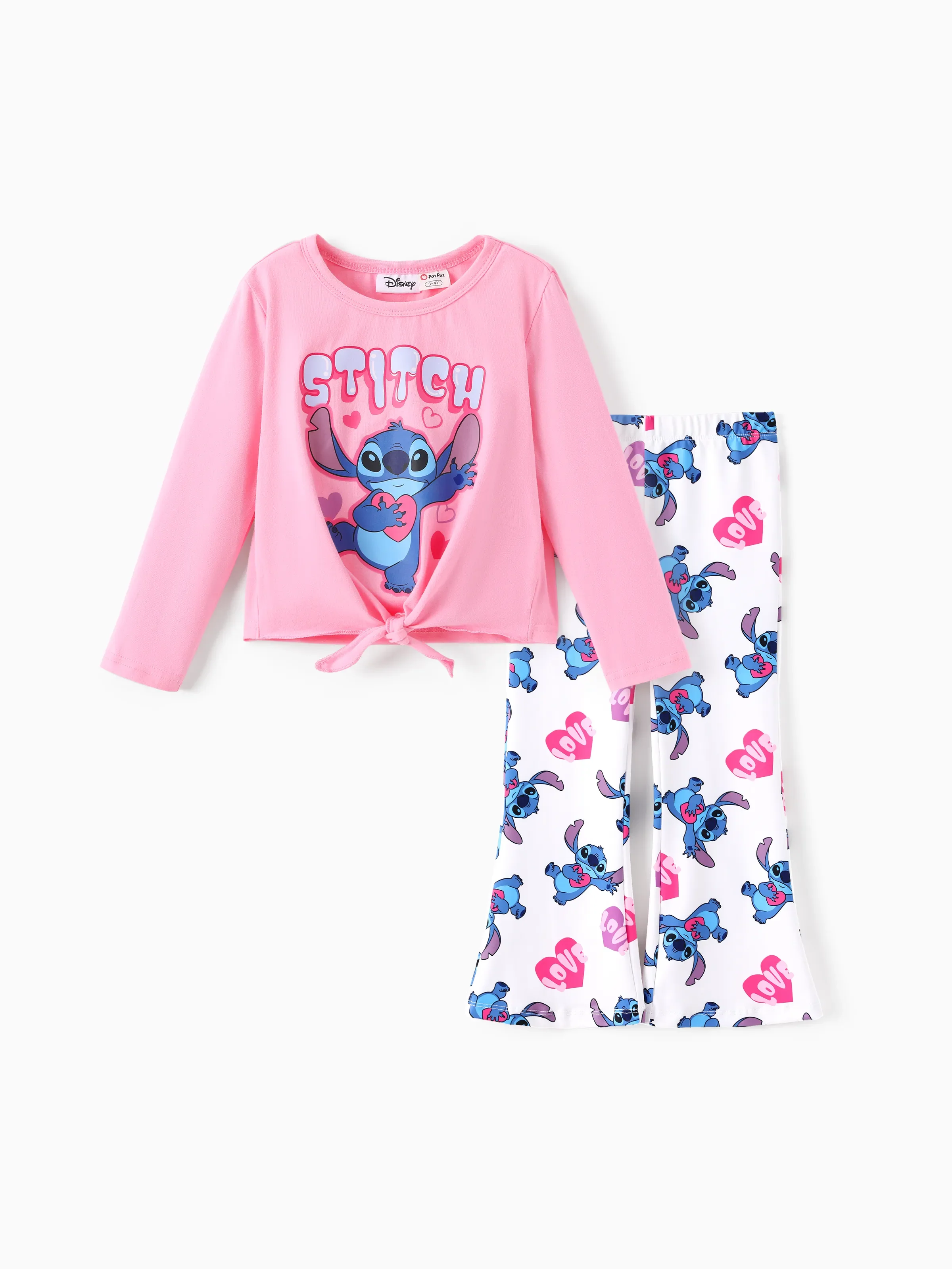 Disney Stitch Toddler/Kids Girl Stitch 2pcs Tie Front Longsleeves Top and Pattern Flared Pant Set Pink - Image 4