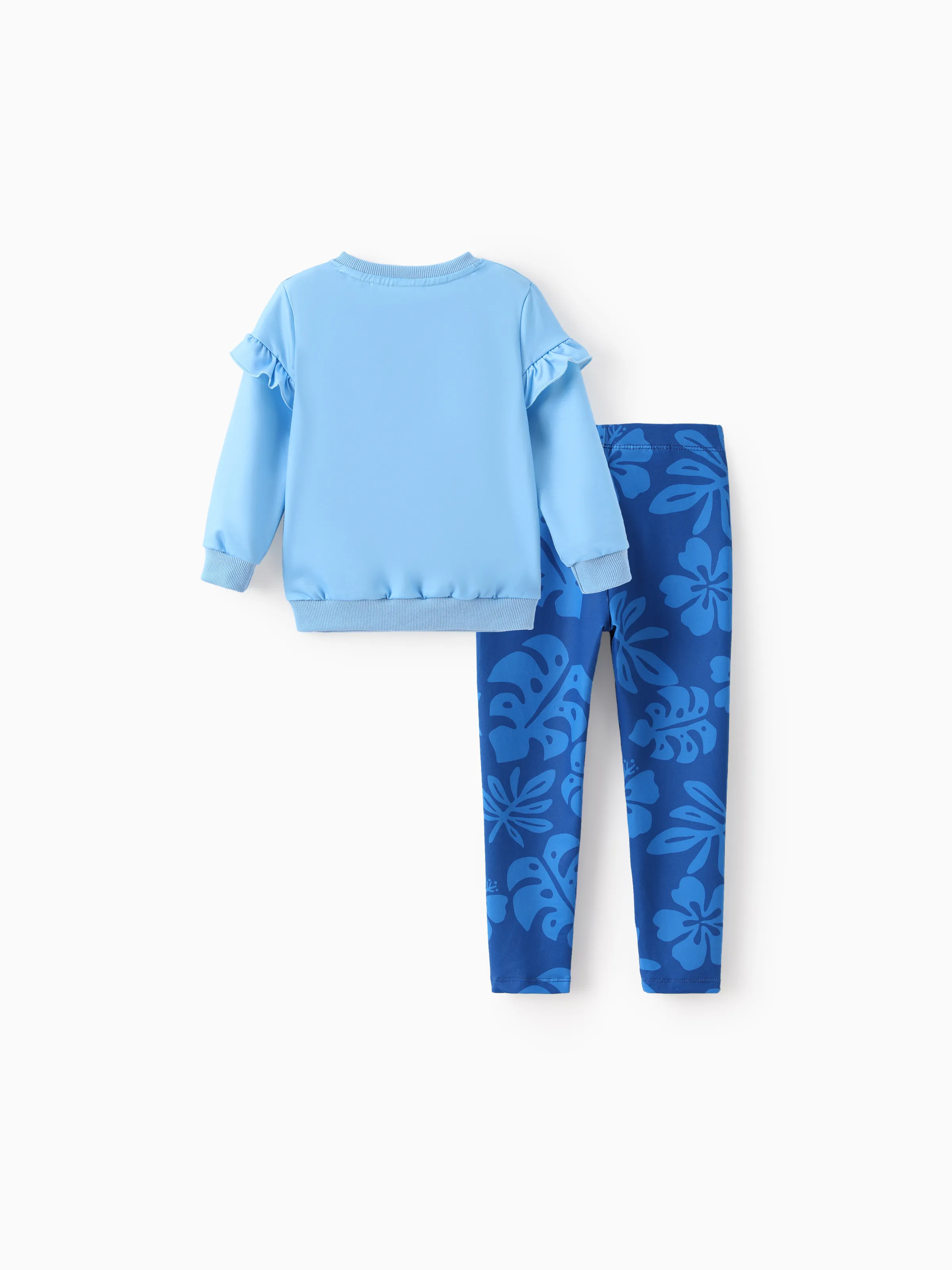 Disney Stitch Toddler/Kids Girl Stitch Ruffled Floral Print Top and Pants Set Blue - Image 2