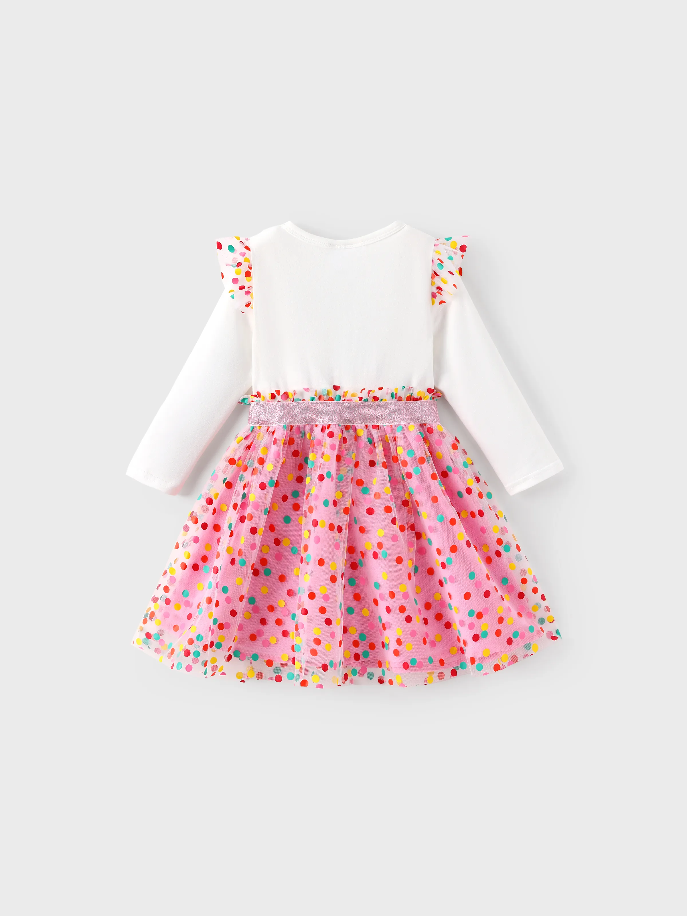 Dora Toddler Girl Knit and Mesh Splicing Polka Dots Dress White - Image 2