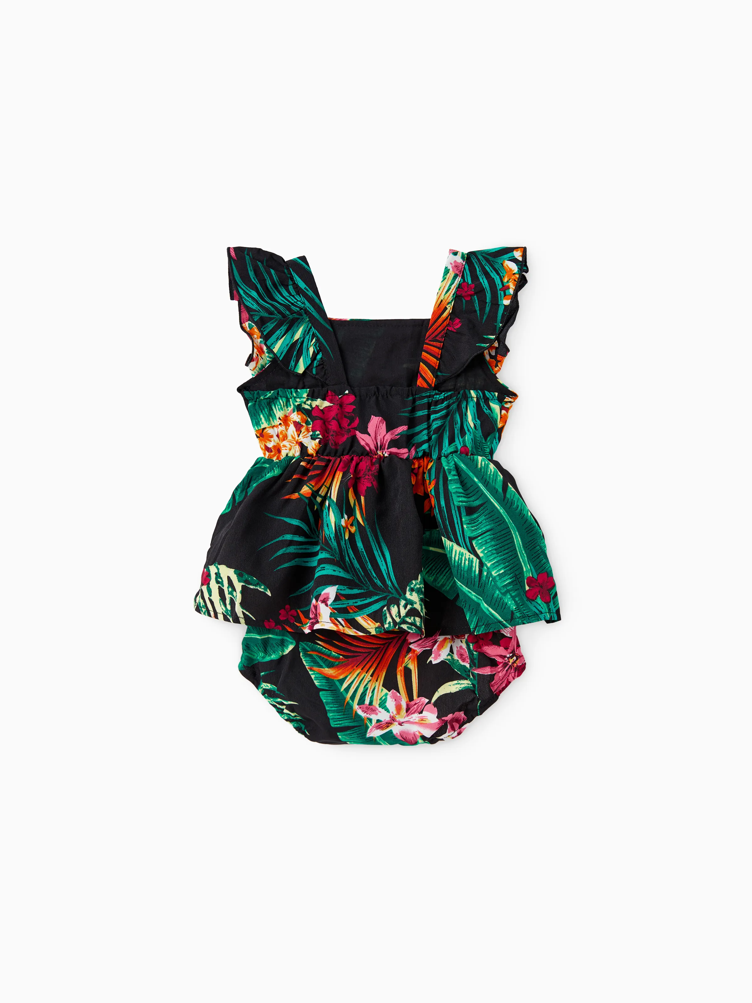 Family Matching Allover Plant Floral Print Halterneck Dresses and Short-sleeve Shirts Sets Black - Image 14