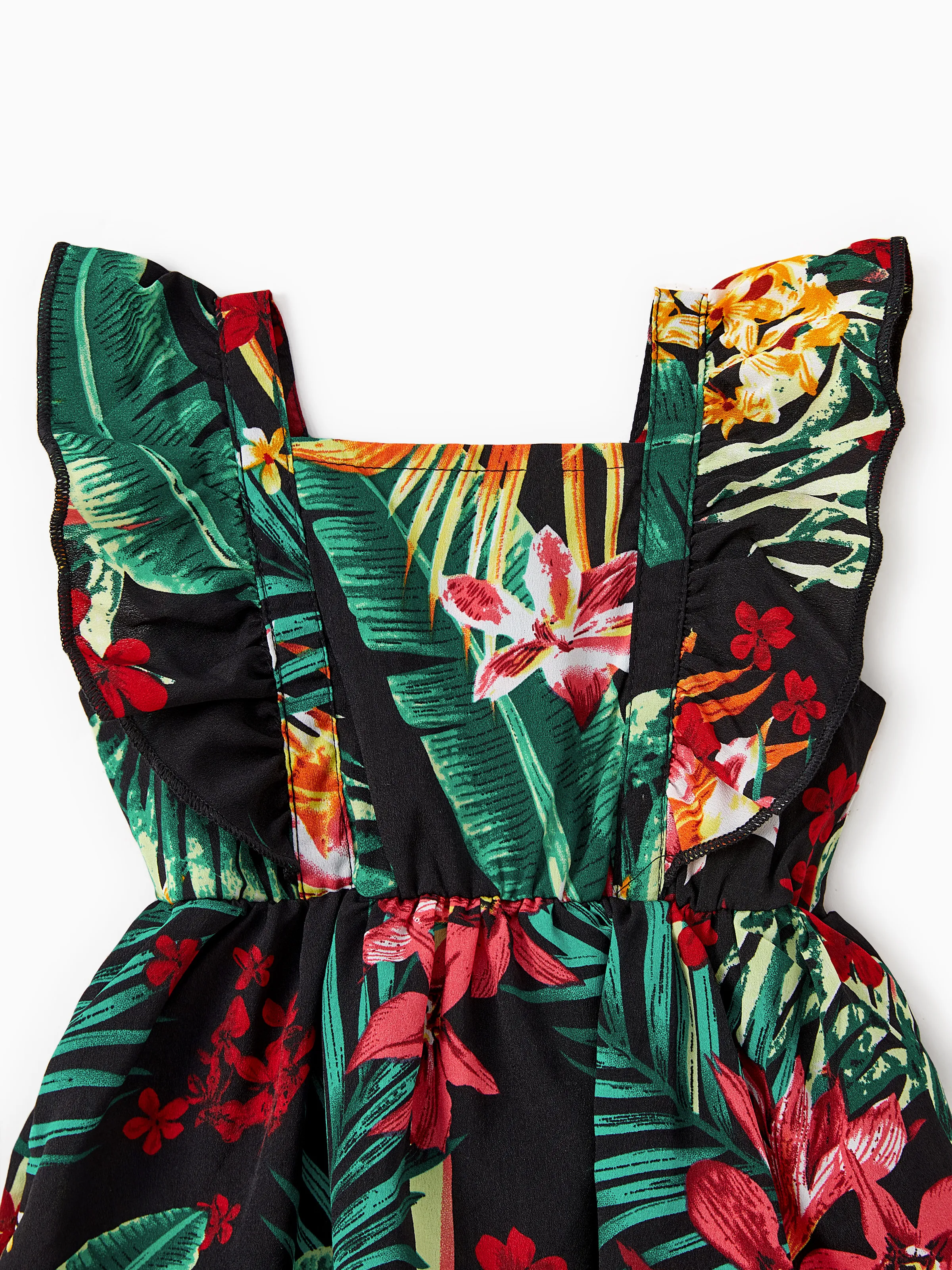 Family Matching Allover Plant Floral Print Halterneck Dresses and Short-sleeve Shirts Sets Black - Image 15