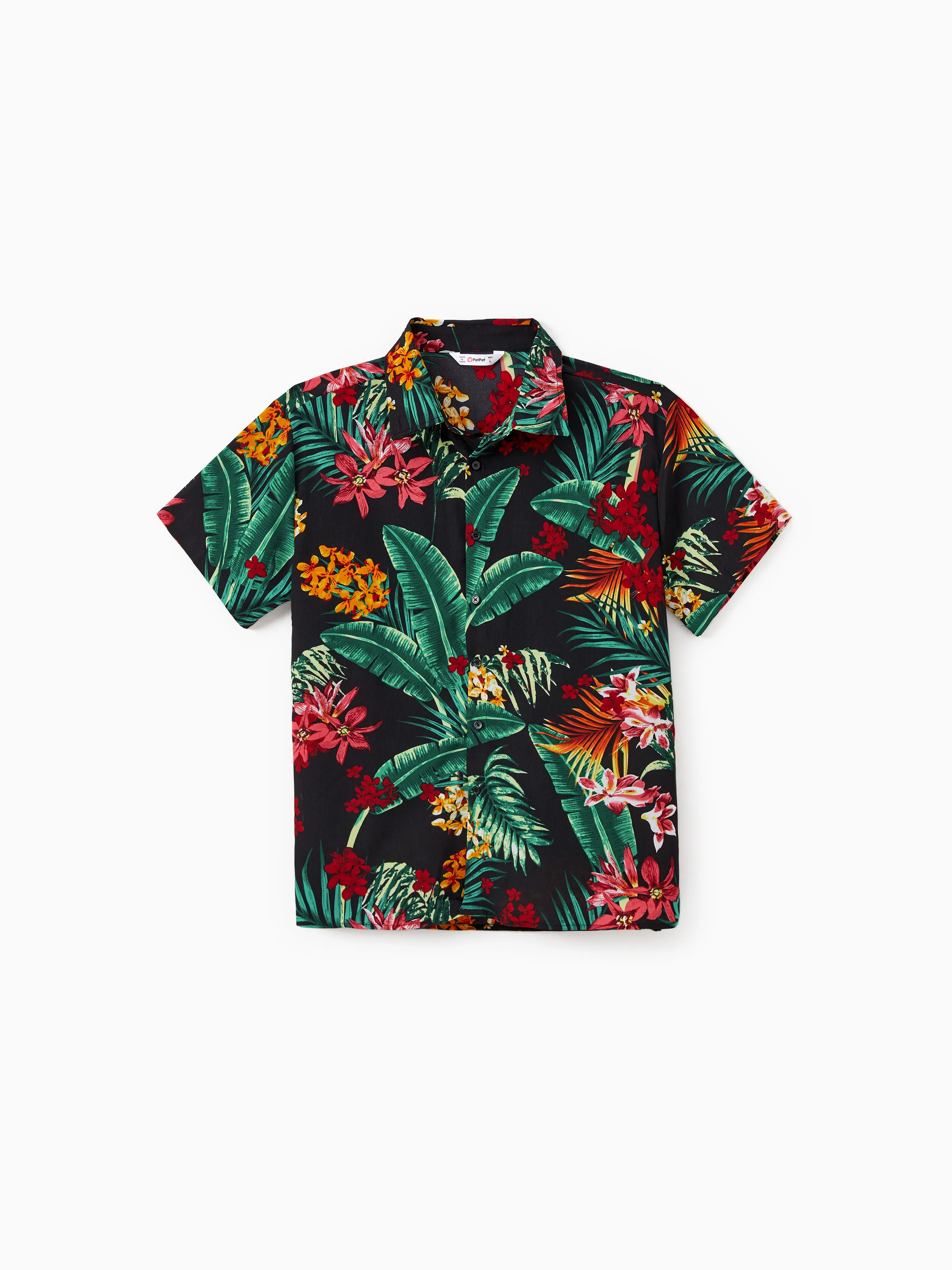 Family Matching Allover Plant Floral Print Halterneck Dresses and Short-sleeve Shirts Sets Black - Image 23