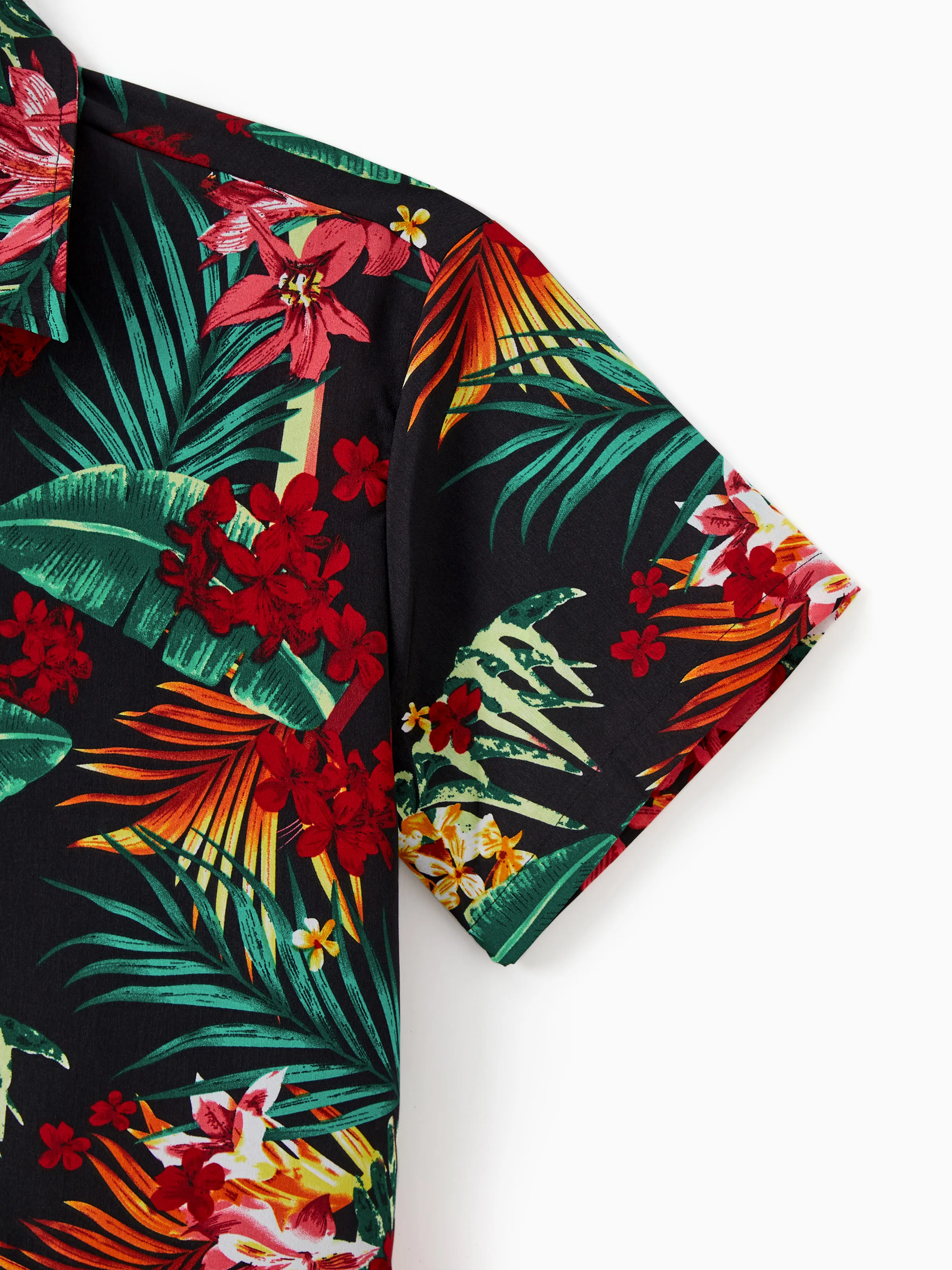 Family Matching Allover Plant Floral Print Halterneck Dresses and Short-sleeve Shirts Sets Black - Image 26