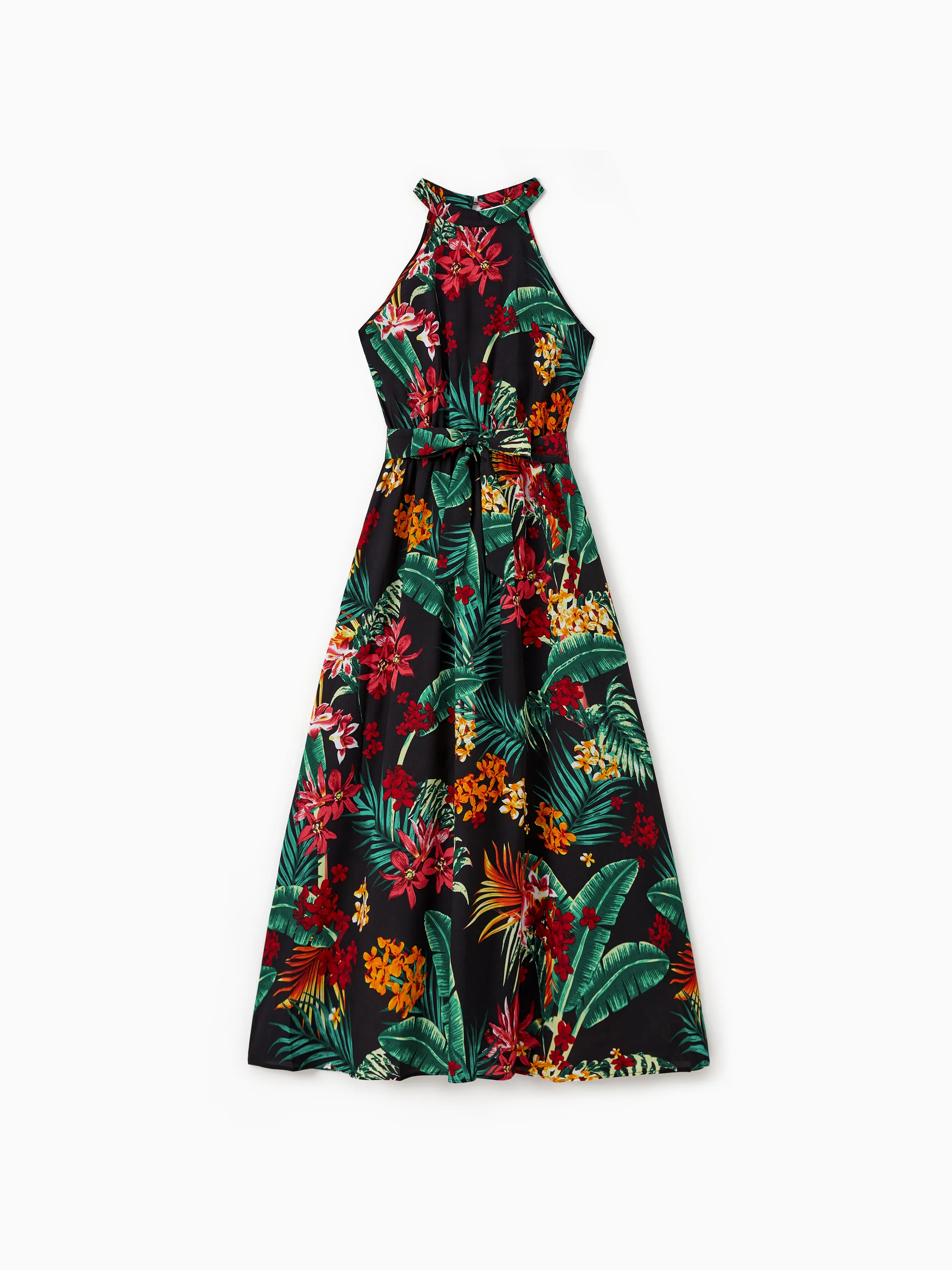 Family Matching Allover Plant Floral Print Halterneck Dresses and Short-sleeve Shirts Sets Black - Image 3