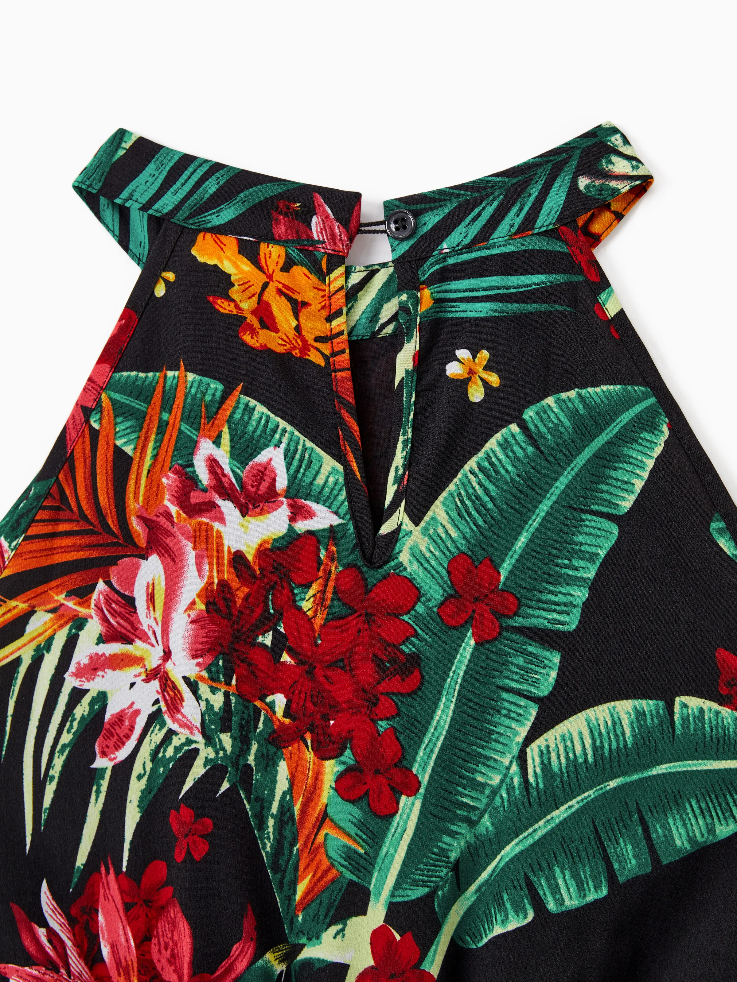 Family Matching Allover Plant Floral Print Halterneck Dresses and Short-sleeve Shirts Sets Black - Image 5