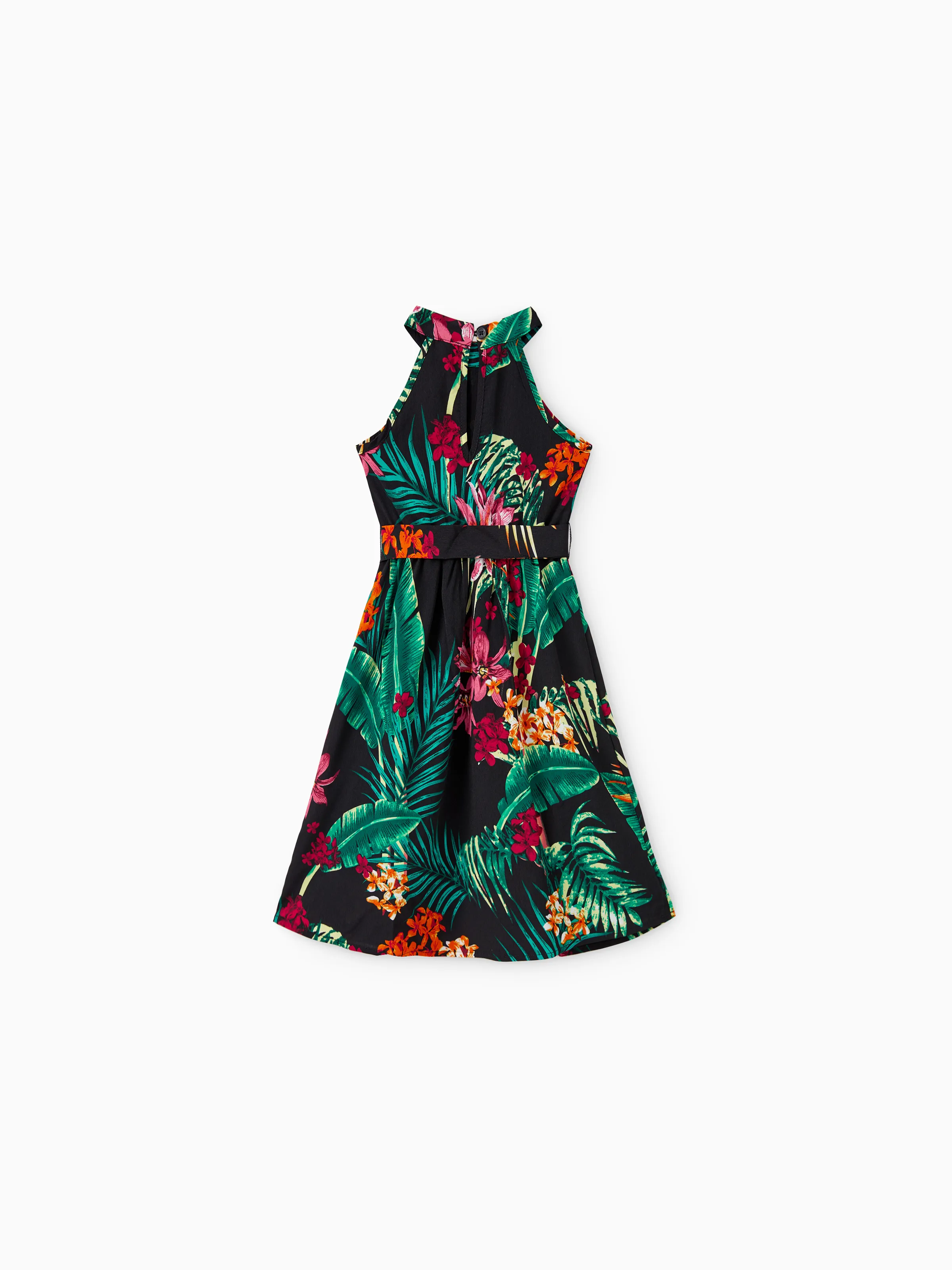 Family Matching Allover Plant Floral Print Halterneck Dresses and Short-sleeve Shirts Sets Black - Image 9