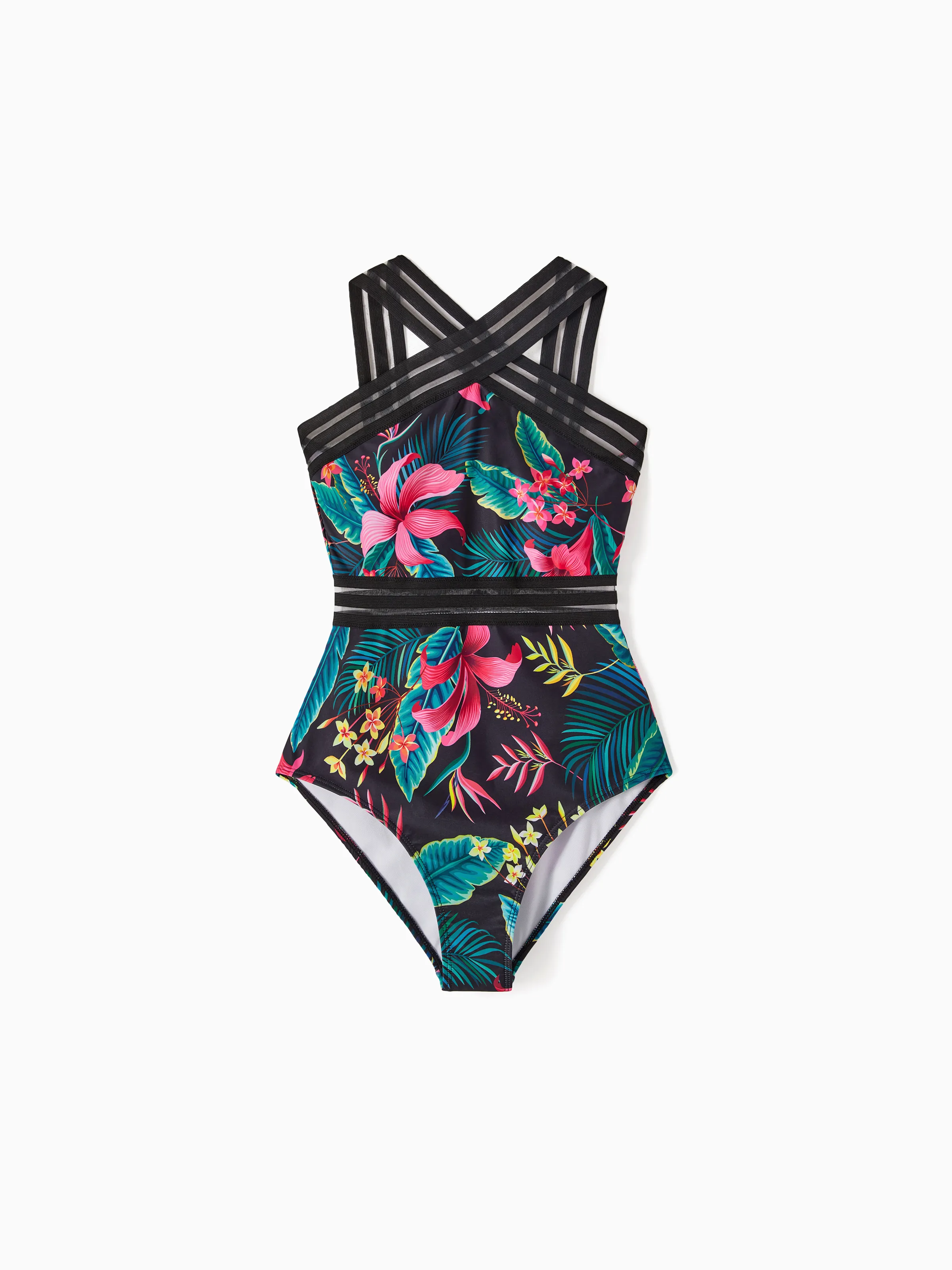 Family Matching Allover Plant Print Crisscross One-Piece Swimsuit and Swim Trunks Black - Image 2