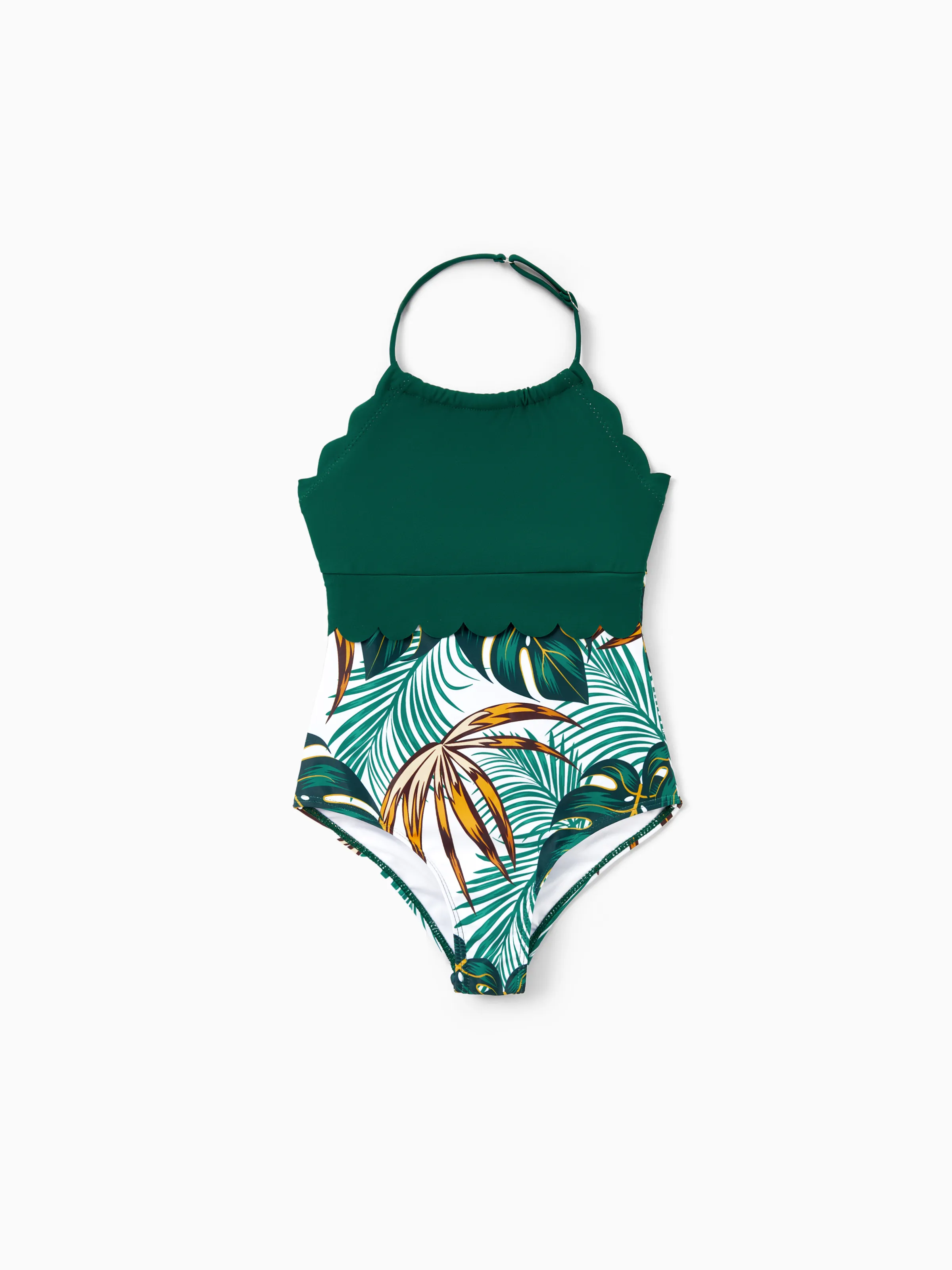 Family Matching Allover Plants Print Swim Trunks Shorts and V Neck Spaghetti Strap Splicing One-Piece Swimsuit Dark Green - Image 10