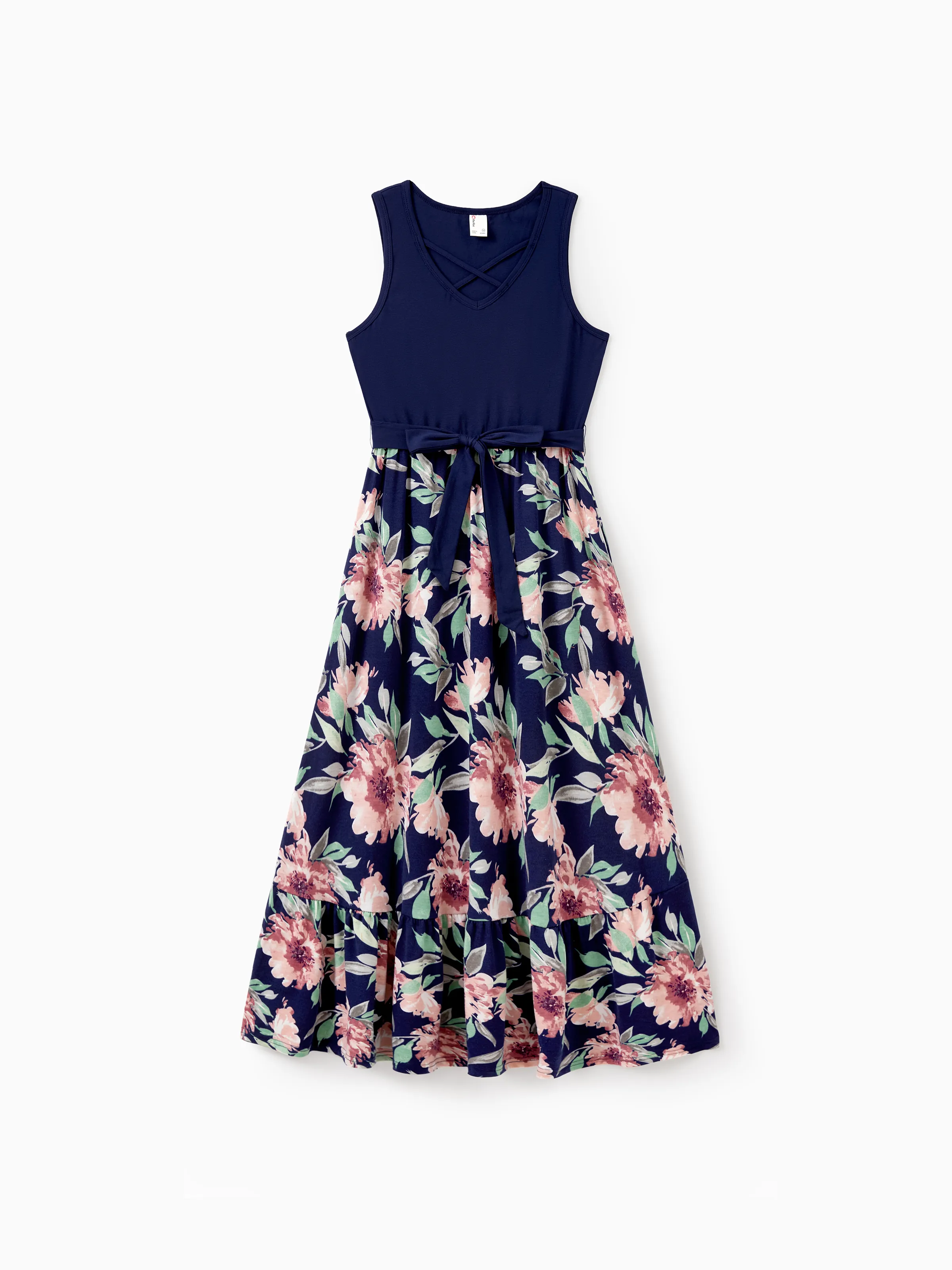 Family Matching Blue Cotton Tee and Flora Splicing Tank Top Dress Sets Deep Blue - Image 2