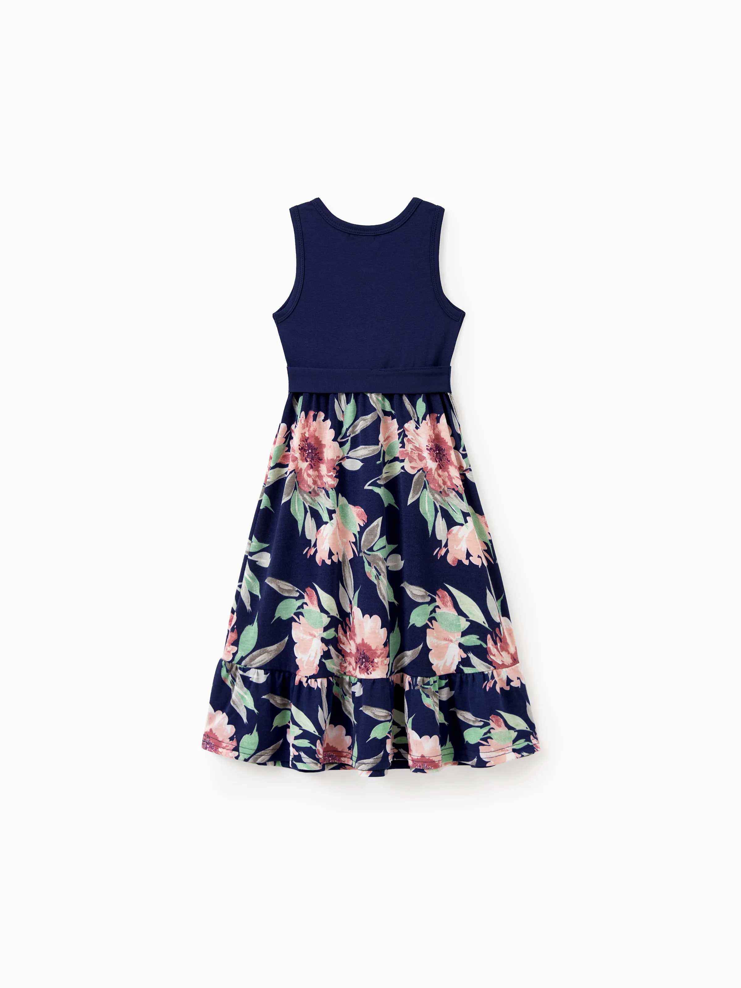 Family Matching Blue Cotton Tee and Flora Splicing Tank Top Dress Sets Deep Blue - Image 8