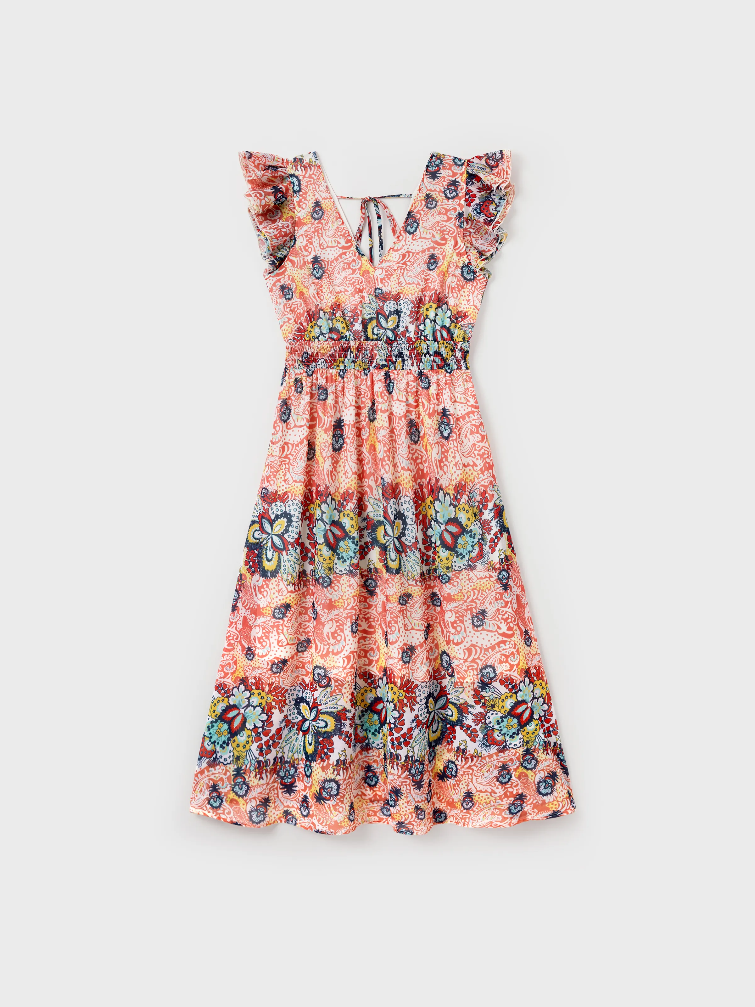 Family Matching Casual Outfit Colorblock Polo Collar T-shirt or Floral Print Flutter Sleeveless Dress Set Orange red - Image 2