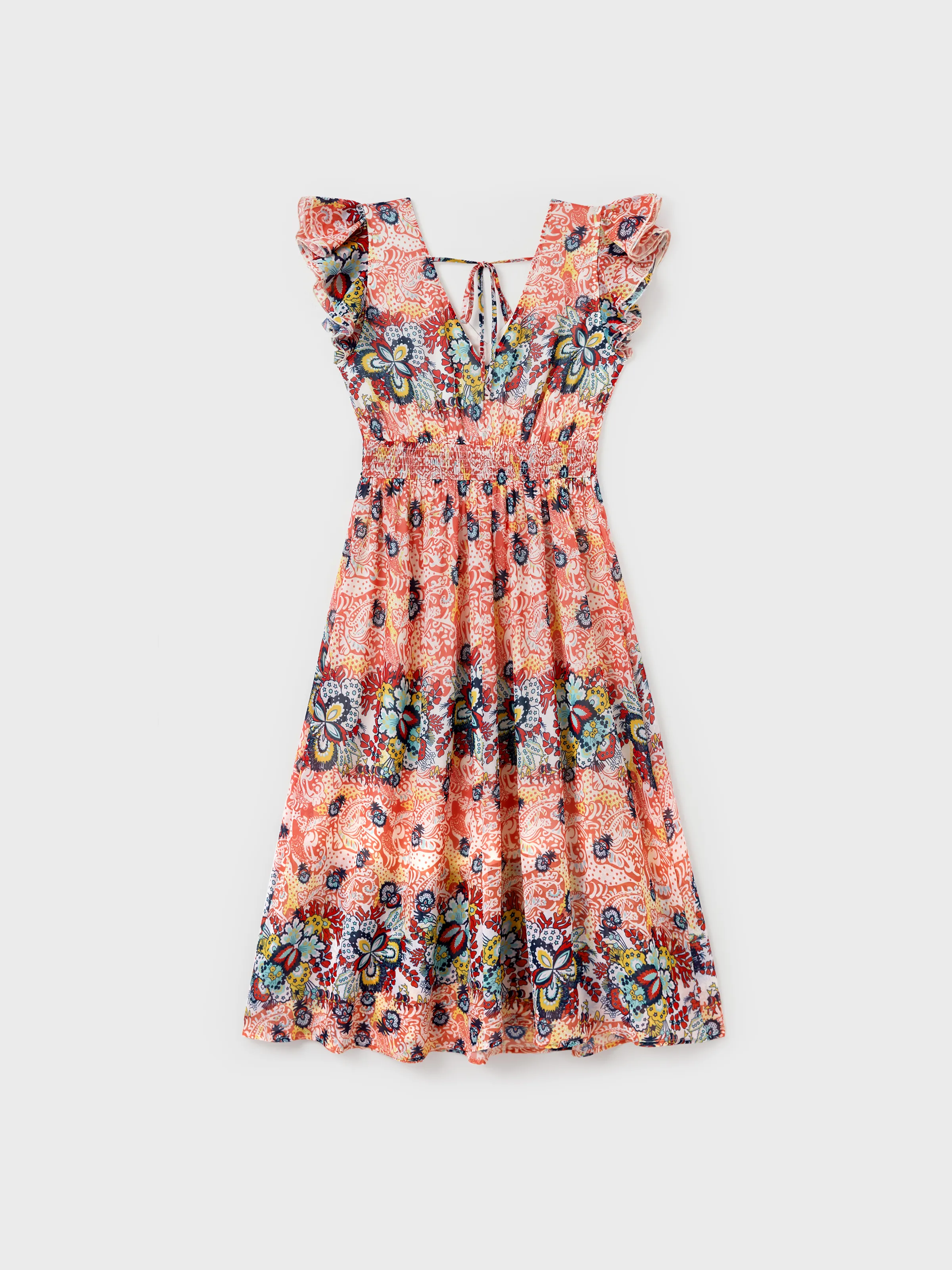 Family Matching Casual Outfit Colorblock Polo Collar T-shirt or Floral Print Flutter Sleeveless Dress Set Orange red - Image 3