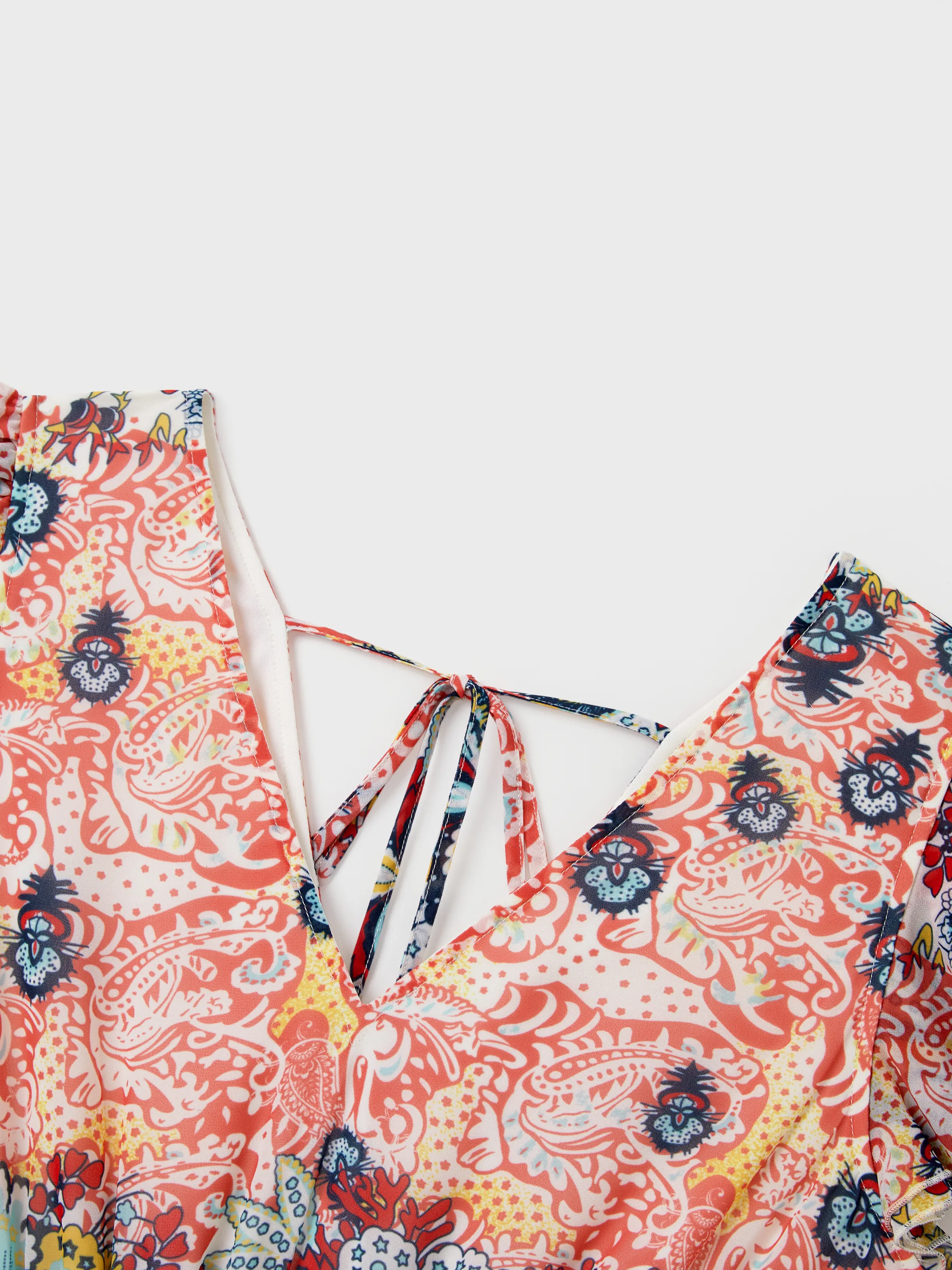 Family Matching Casual Outfit Colorblock Polo Collar T-shirt or Floral Print Flutter Sleeveless Dress Set Orange red - Image 6