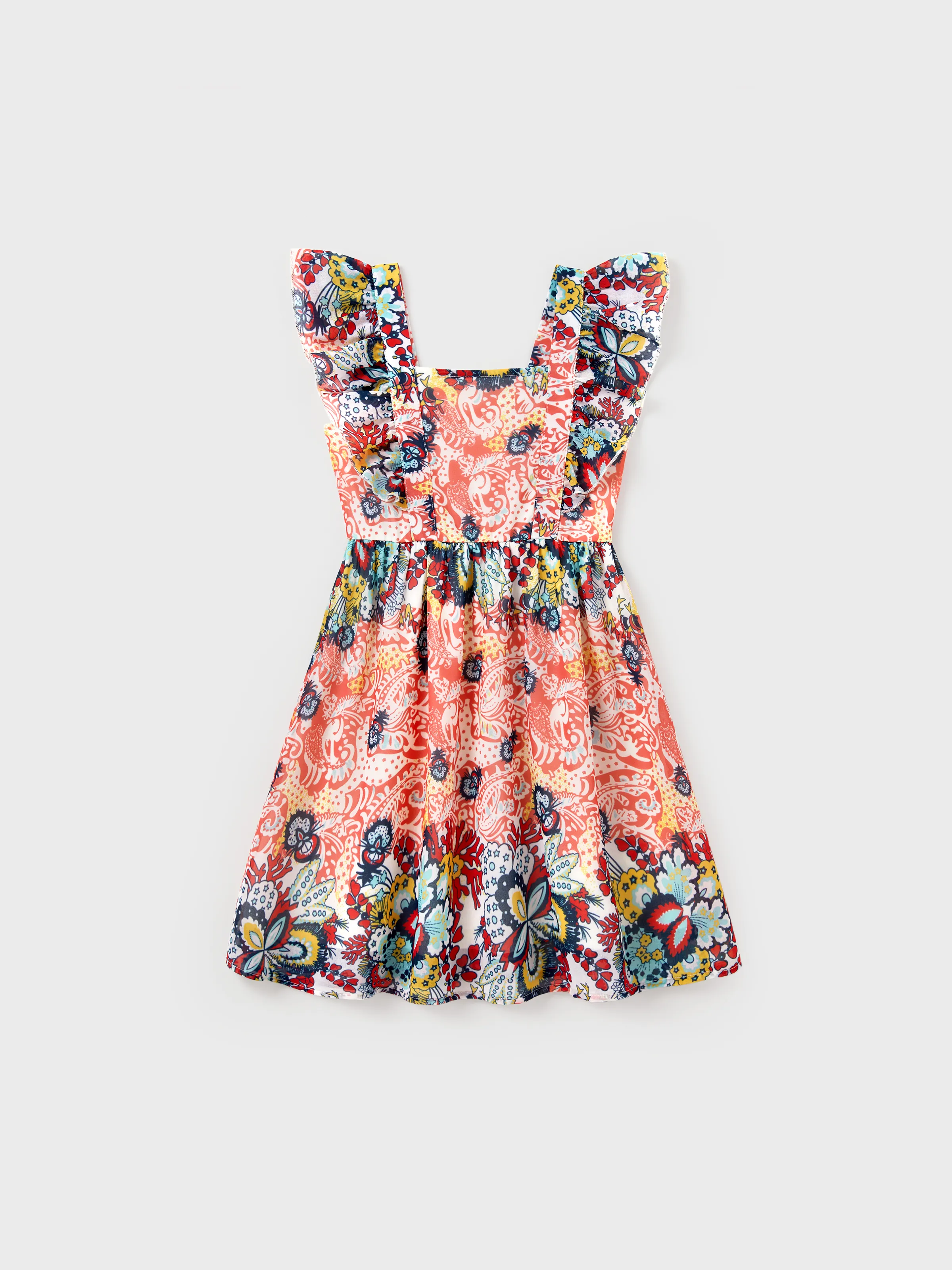 Family Matching Casual Outfit Colorblock Polo Collar T-shirt or Floral Print Flutter Sleeveless Dress Set Orange red - Image 7