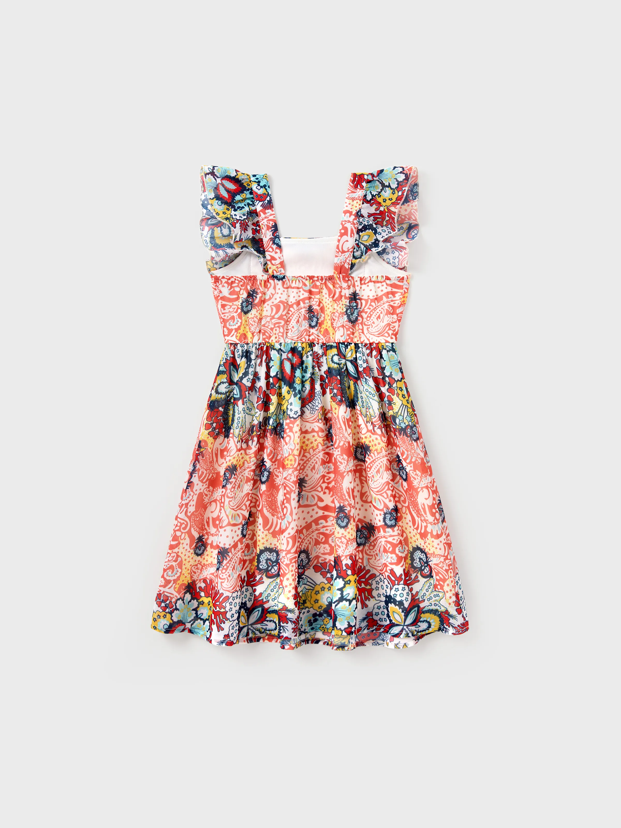 Family Matching Casual Outfit Colorblock Polo Collar T-shirt or Floral Print Flutter Sleeveless Dress Set Orange red - Image 8