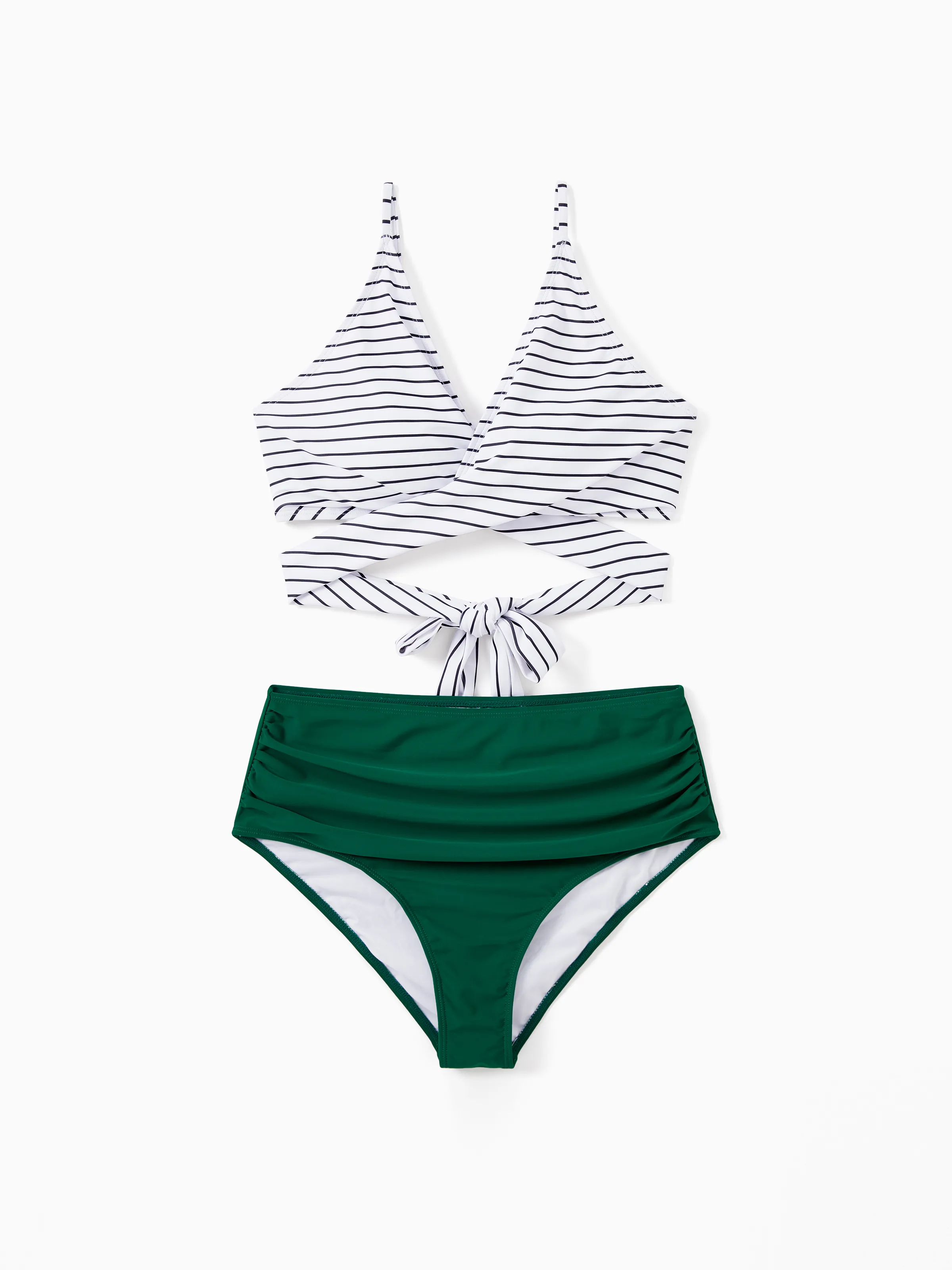 Family Matching Color Block Drawstring Swim Trunks or Stripe Cross Front Two-Piece Swimsuit (Quick-Dry) Green - Image 2