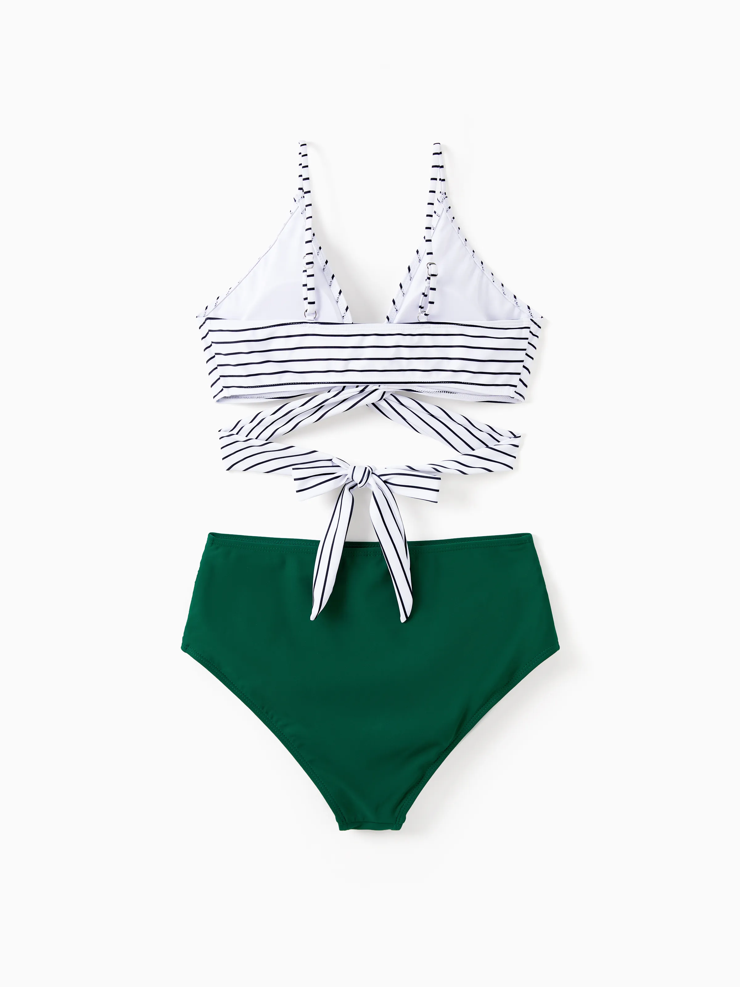 Family Matching Color Block Drawstring Swim Trunks or Stripe Cross Front Two-Piece Swimsuit (Quick-Dry) Green - Image 3