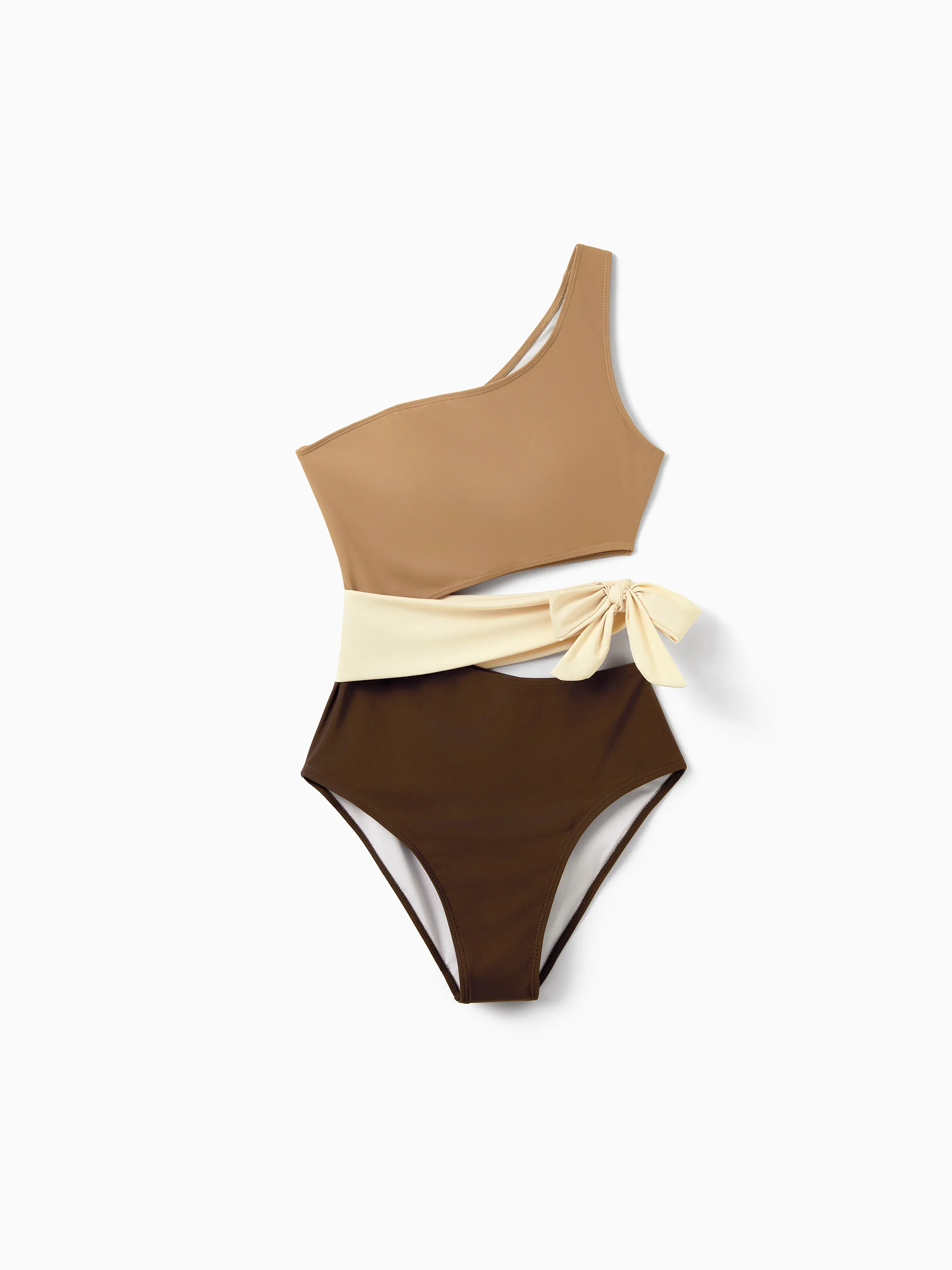 Family Matching Color Block Swimsuits, Mommy and Me One-Shoulder Cutout Bikini Set, Daddy and Son Color Block Swim Trunks, Summer Beach Vacation Swimwear Coffee - Image 2