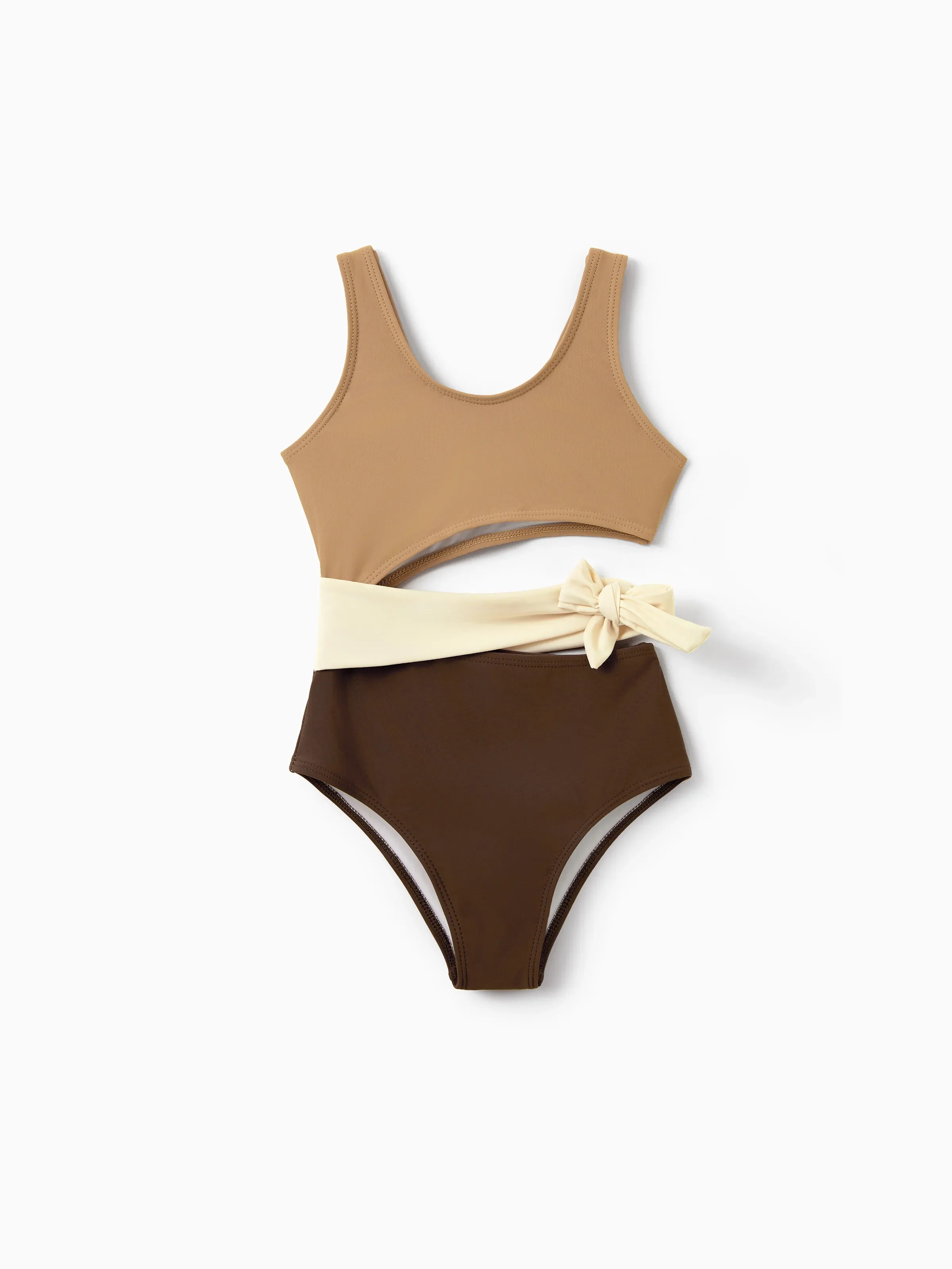 Family Matching Color Block Swimsuits, Mommy and Me One-Shoulder Cutout Bikini Set, Daddy and Son Color Block Swim Trunks, Summer Beach Vacation Swimwear Coffee - Image 5