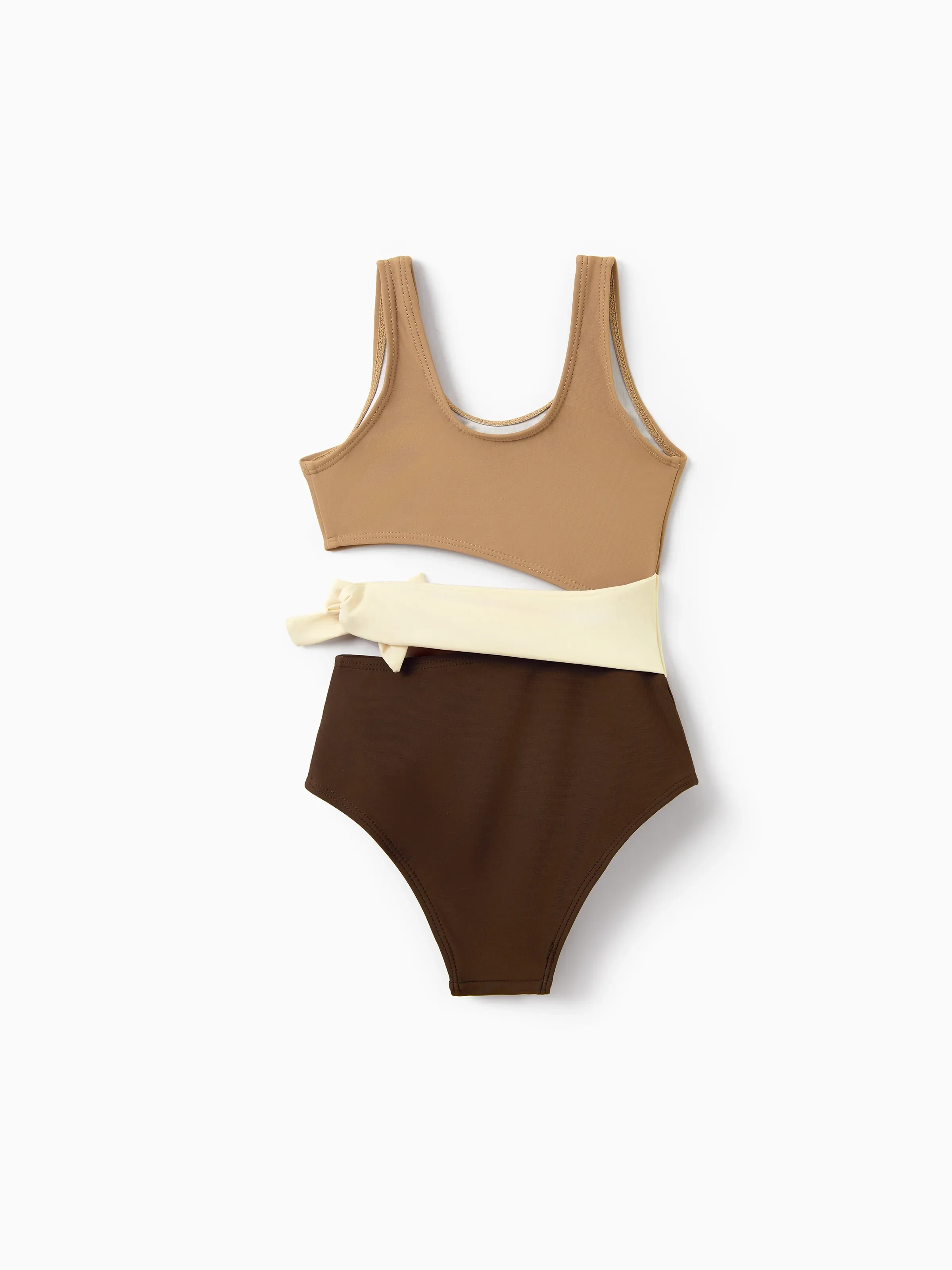 Family Matching Color Block Swimsuits, Mommy and Me One-Shoulder Cutout Bikini Set, Daddy and Son Color Block Swim Trunks, Summer Beach Vacation Swimwear Coffee - Image 6
