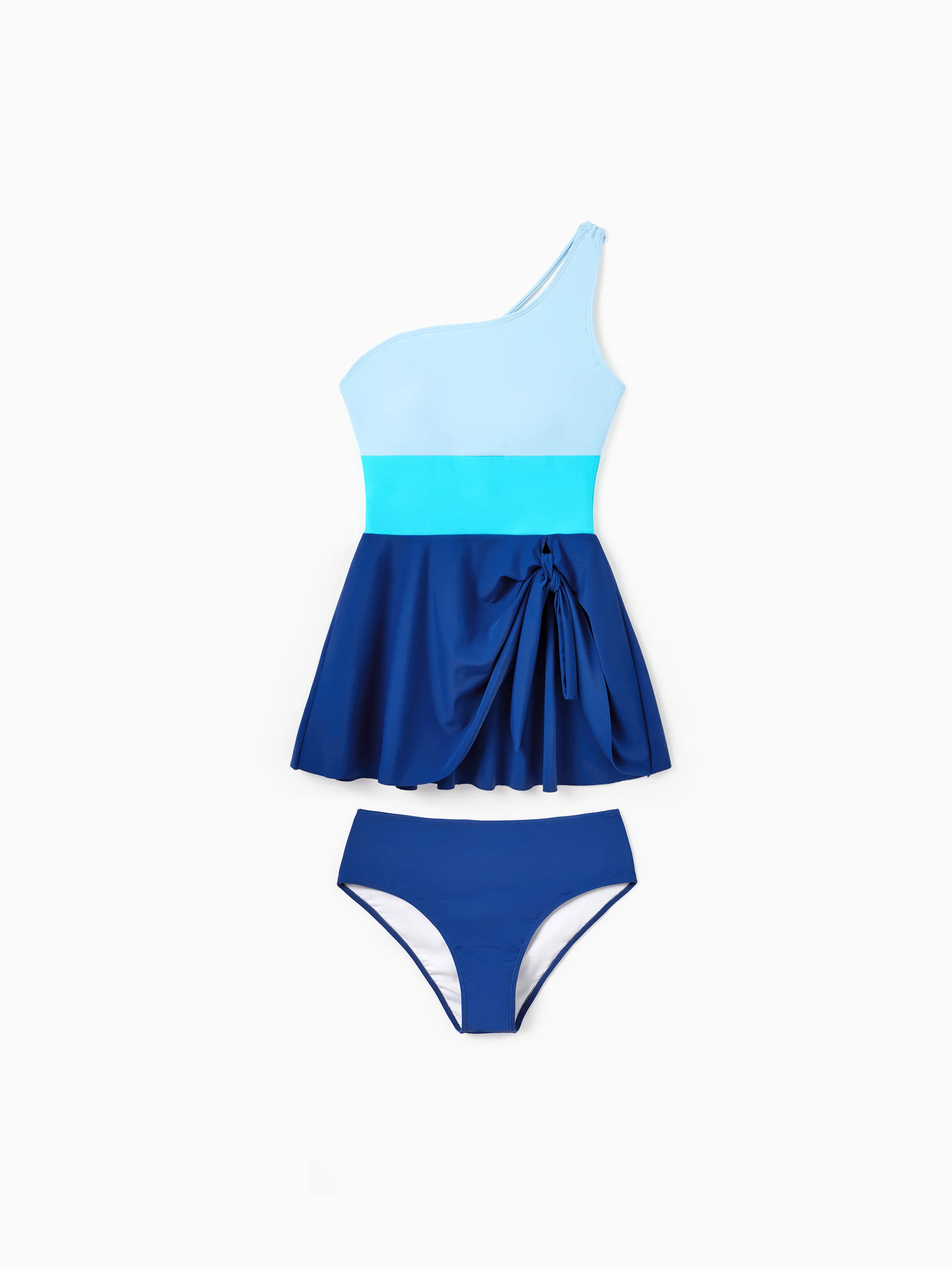 Family Matching Color Block Swimsuits One Shoulder Swim Dress / Swim Trunks Set Blue - Image 2