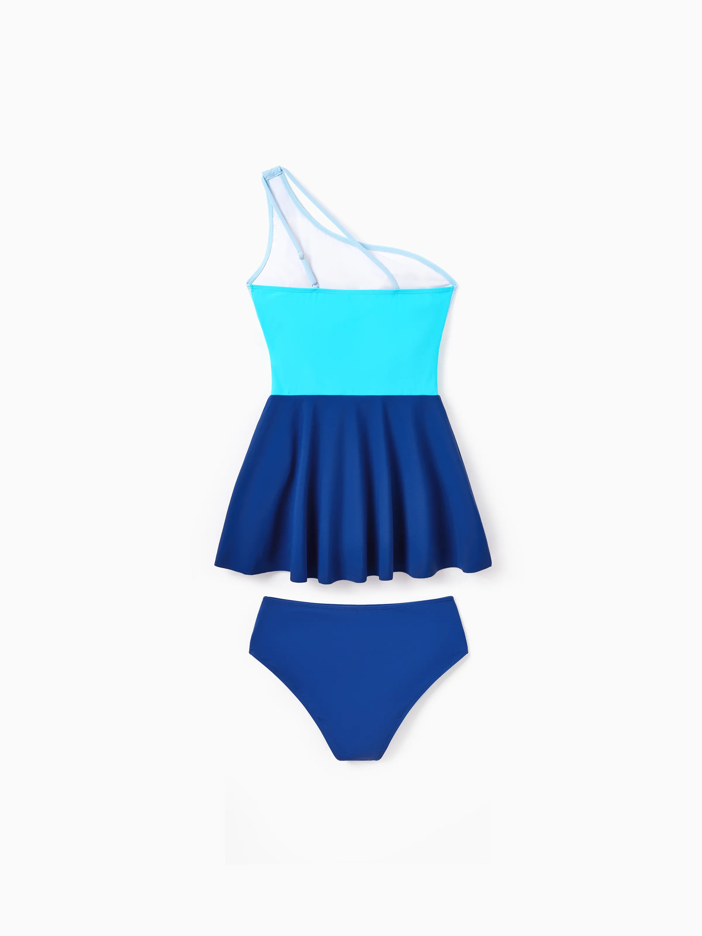 Family Matching Color Block Swimsuits One Shoulder Swim Dress / Swim Trunks Set Blue - Image 3