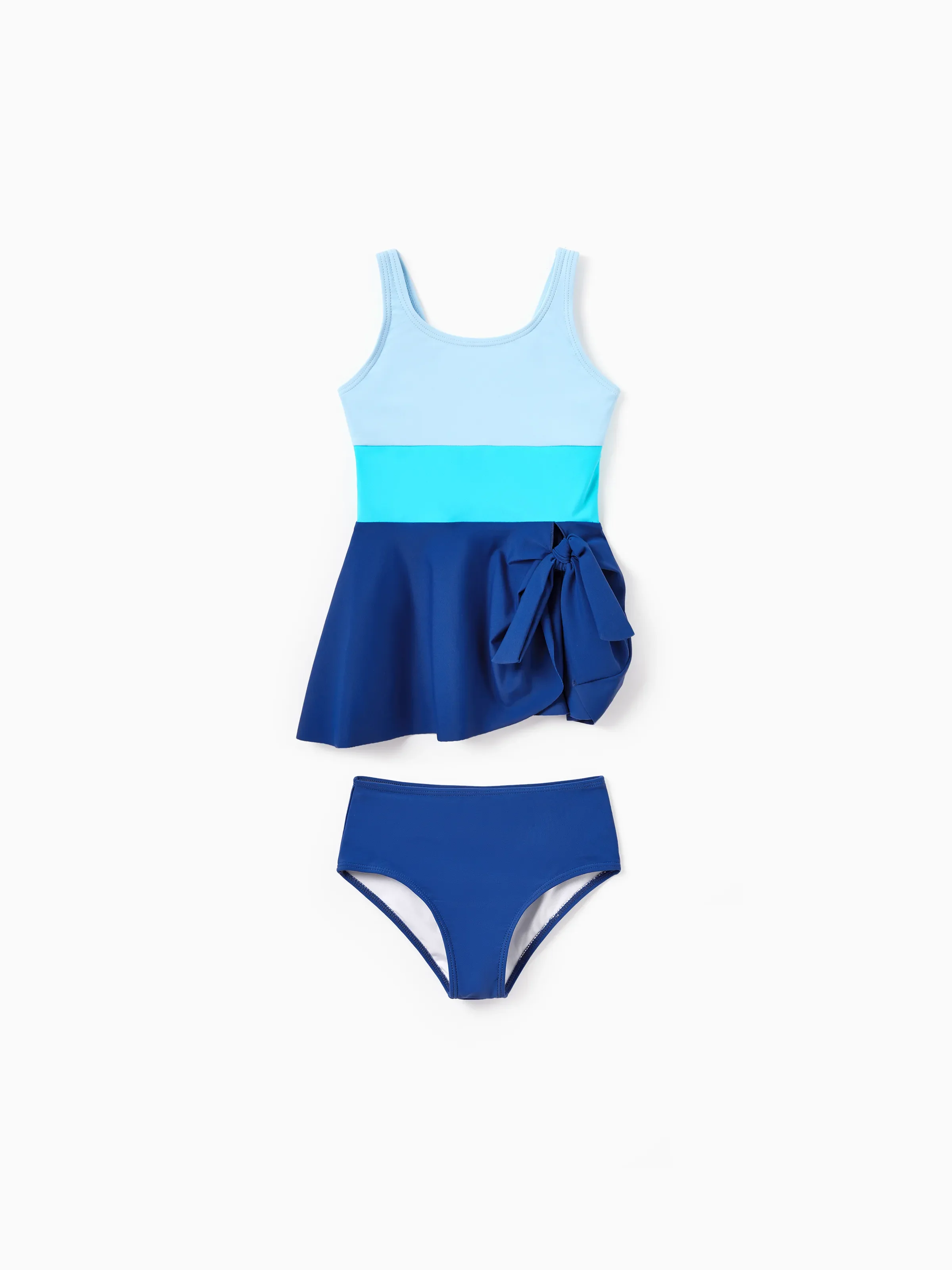 Family Matching Color Block Swimsuits One Shoulder Swim Dress / Swim Trunks Set Blue - Image 7