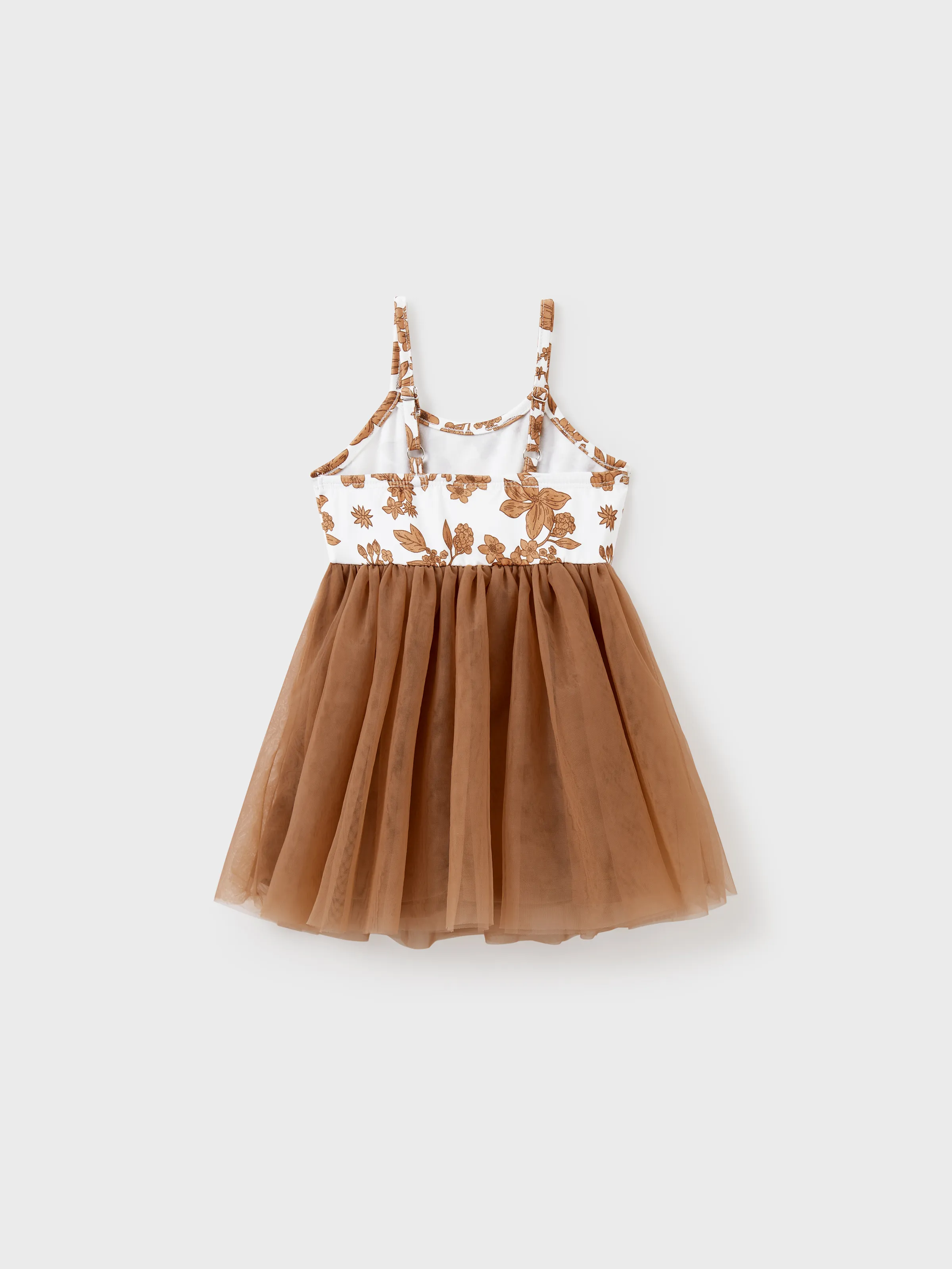 Family Matching Colorblock Cotton Tee or Flora Print Strap Body-con Dress or Mesh Splicing Dress Khaki - Image 13
