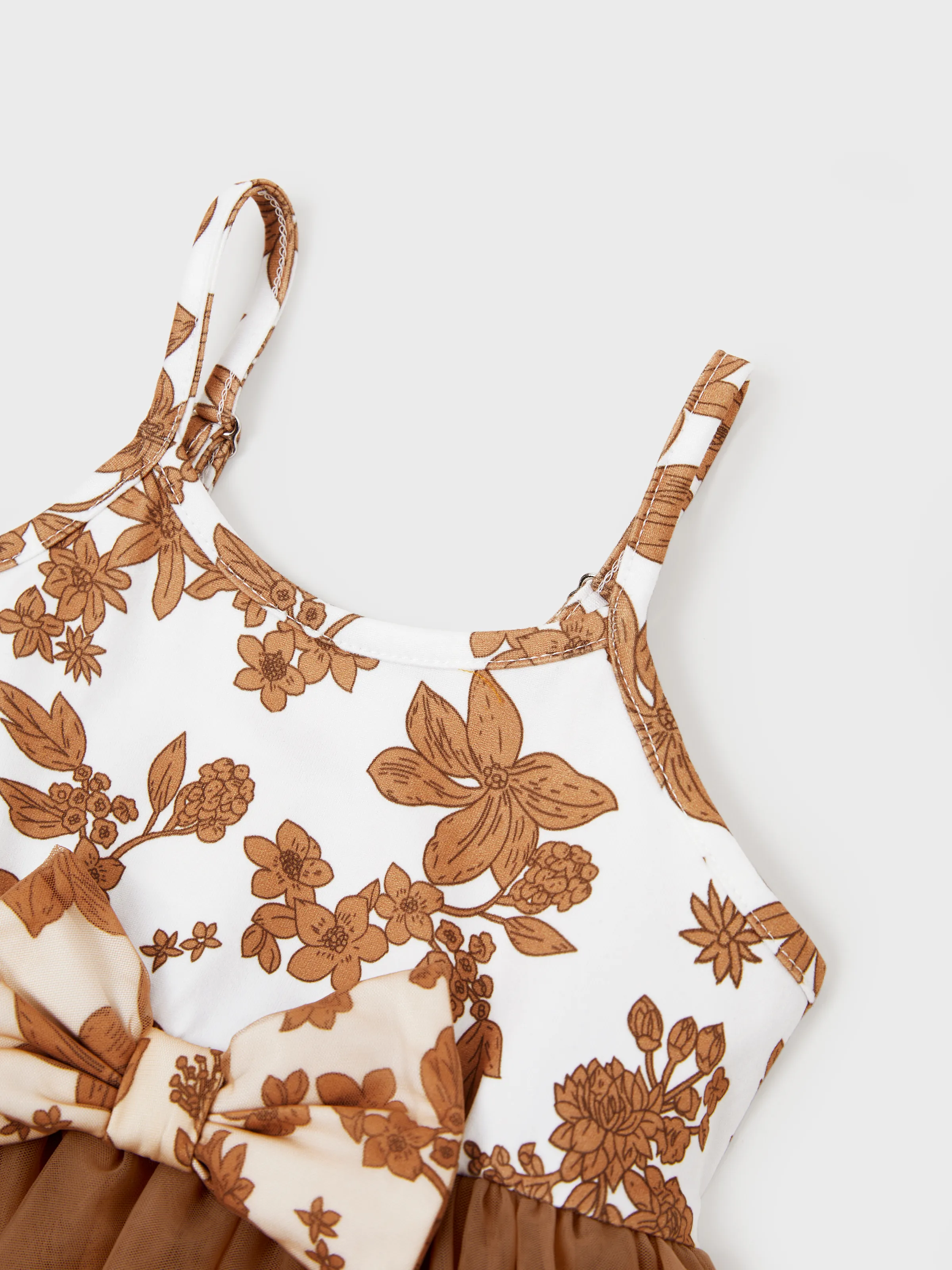 Family Matching Colorblock Cotton Tee or Flora Print Strap Body-con Dress or Mesh Splicing Dress Khaki - Image 14