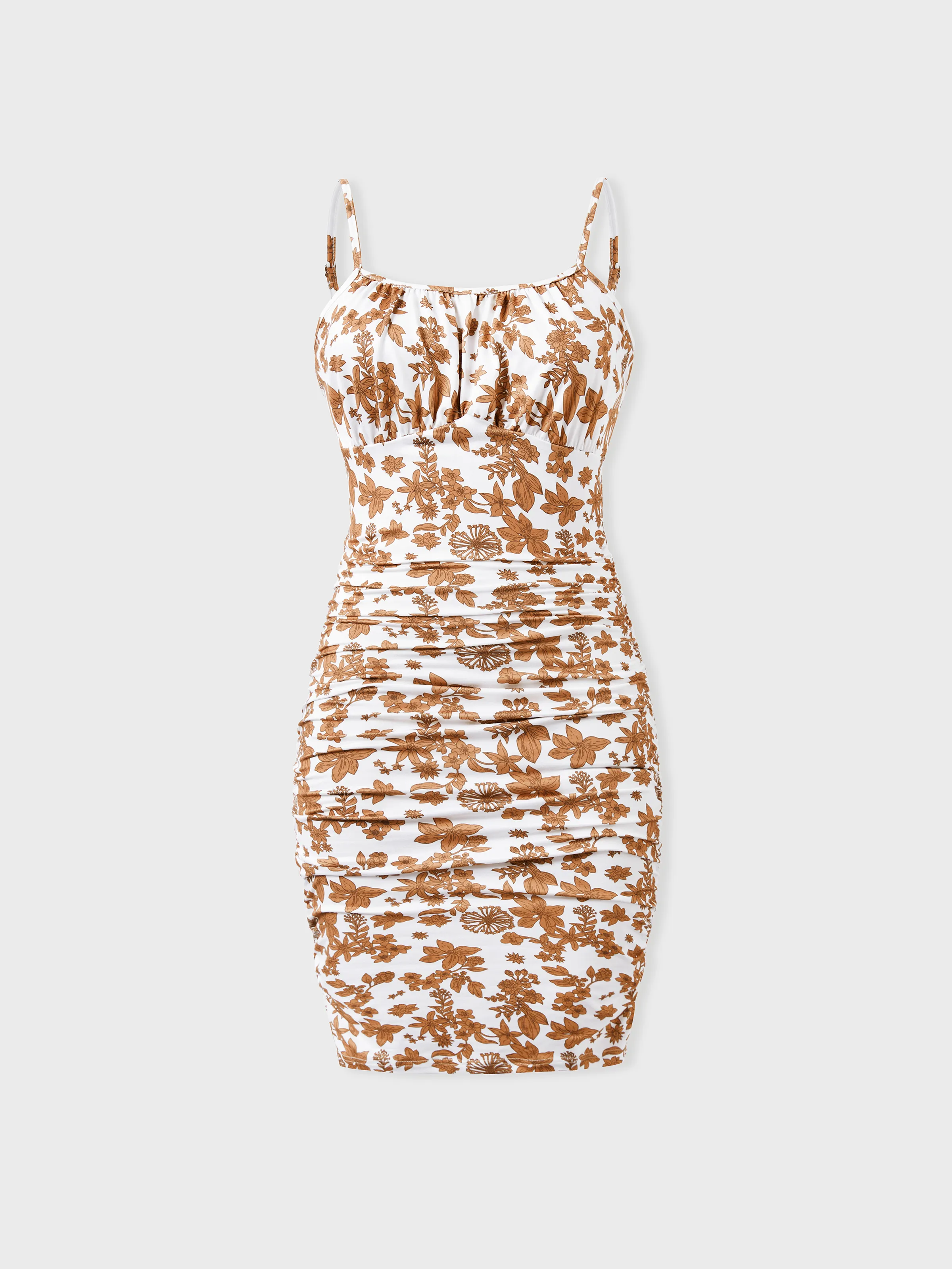 Family Matching Colorblock Cotton Tee or Flora Print Strap Body-con Dress or Mesh Splicing Dress Khaki - Image 2