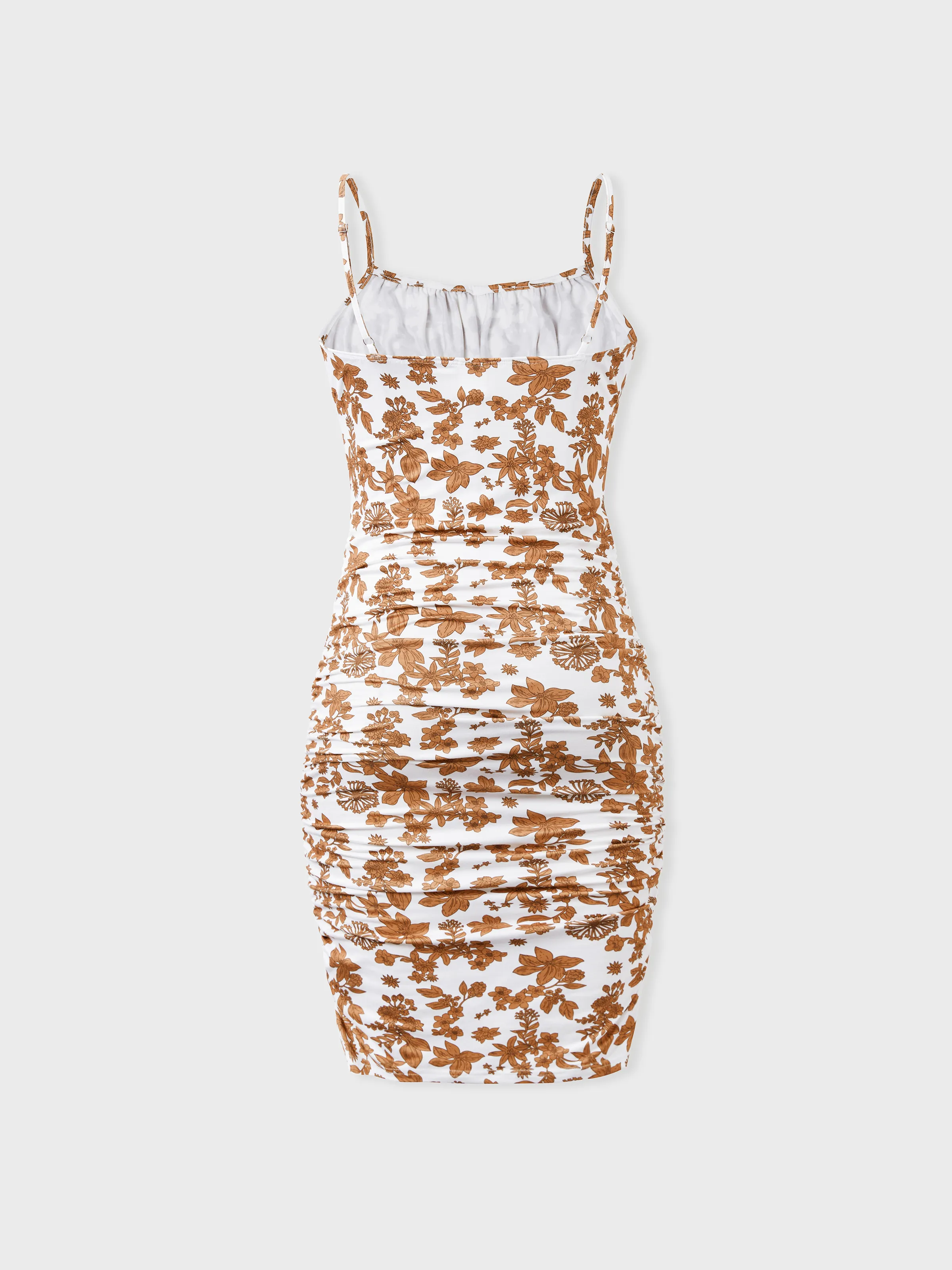 Family Matching Colorblock Cotton Tee or Flora Print Strap Body-con Dress or Mesh Splicing Dress Khaki - Image 3