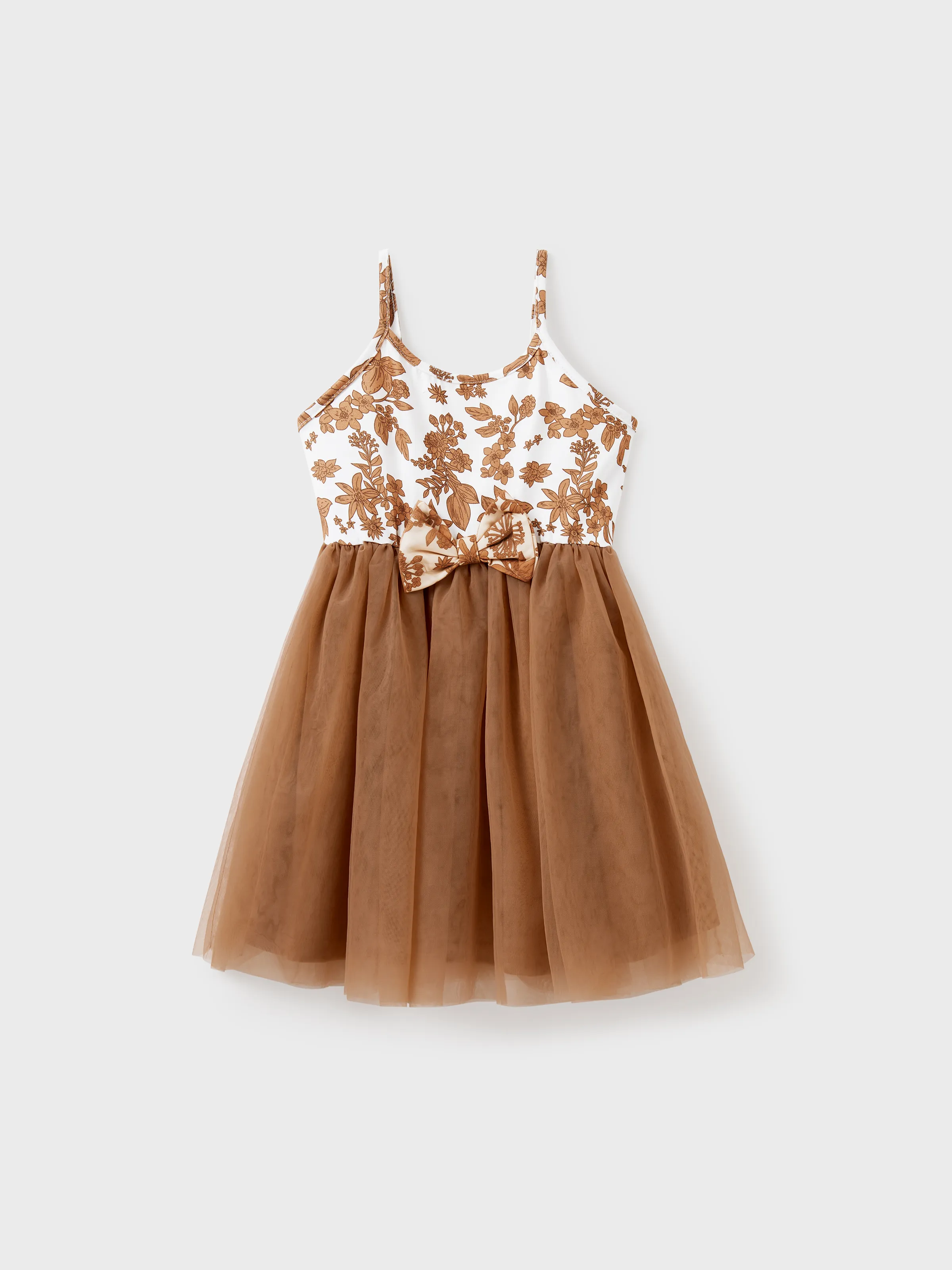Family Matching Colorblock Cotton Tee or Flora Print Strap Body-con Dress or Mesh Splicing Dress Khaki - Image 7