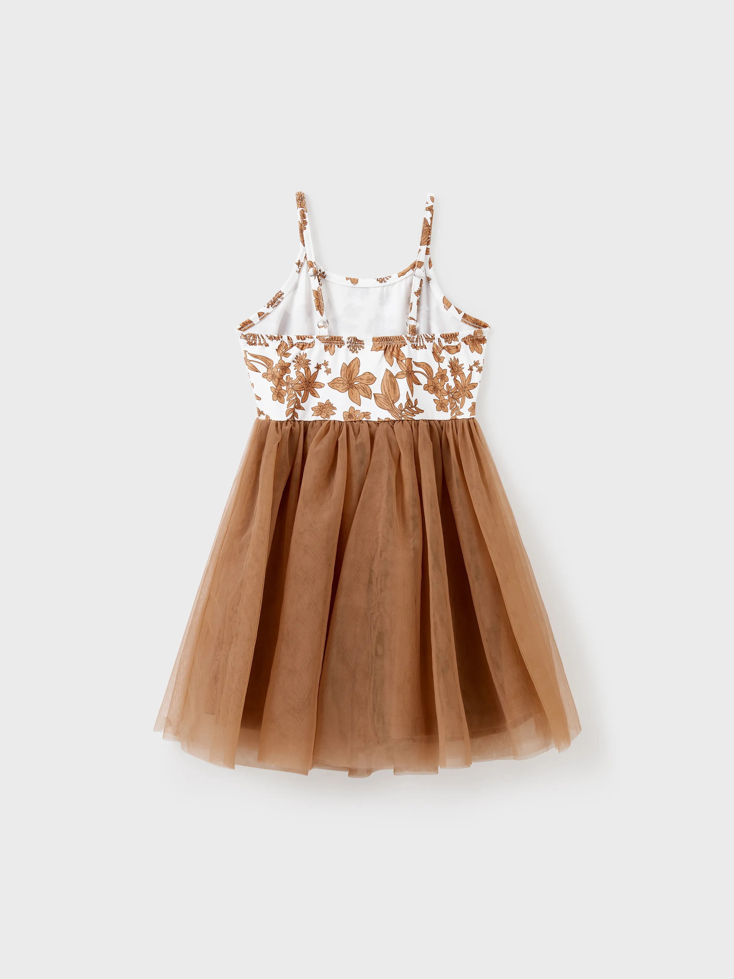 Family Matching Colorblock Cotton Tee or Flora Print Strap Body-con Dress or Mesh Splicing Dress Khaki - Image 8
