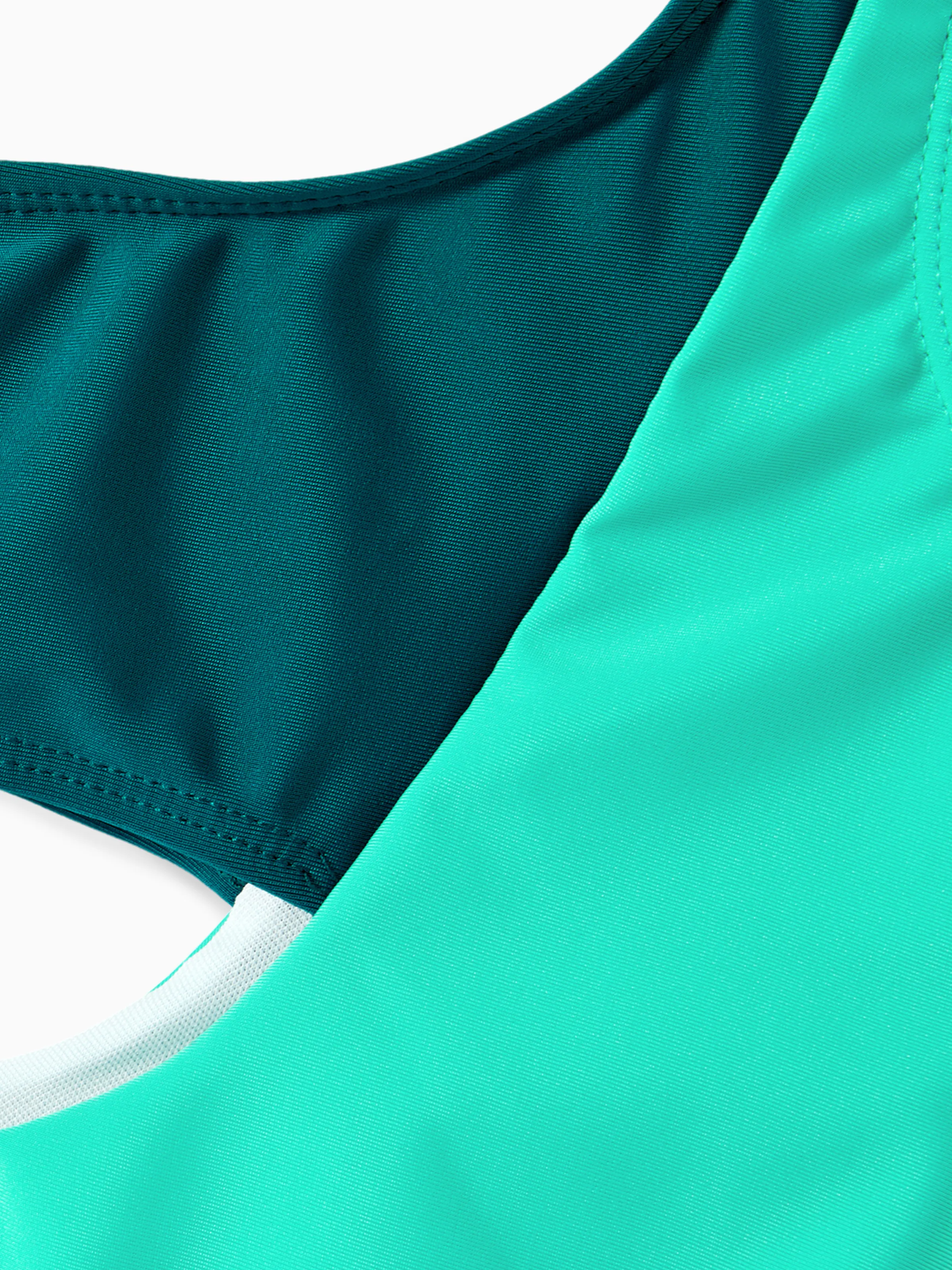 Family Matching Colorblock One Shoulder Cut Out One-piece Swimsuit and Striped Spliced Swim Trunks Shorts DeepTurquoise - Image 11