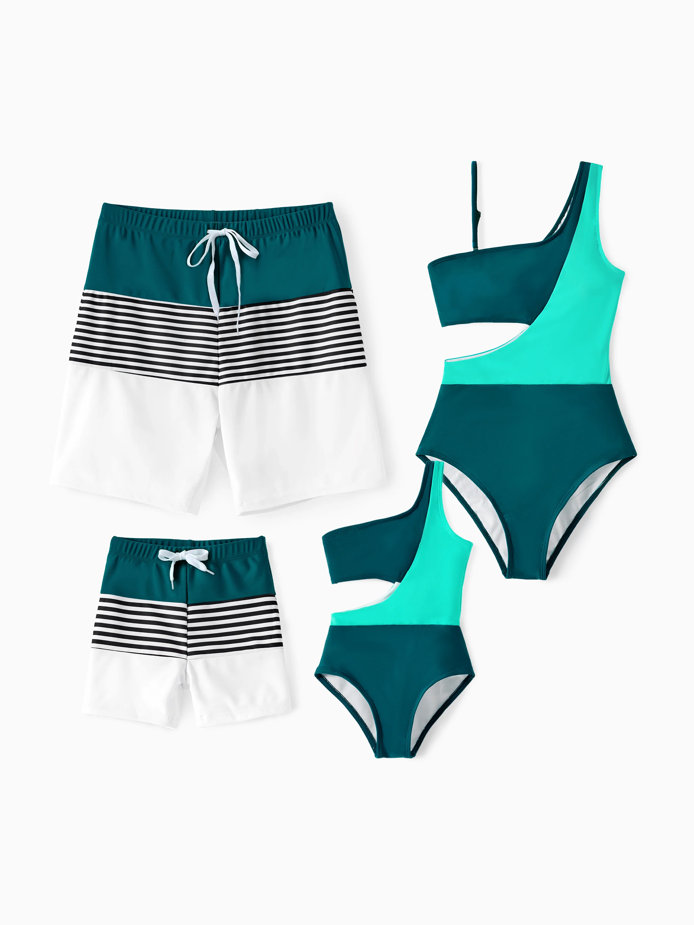 Family Matching Colorblock One Shoulder Cut Out One-piece Swimsuit and Striped Spliced Swim Trunks Shorts DeepTurquoise - Image 2