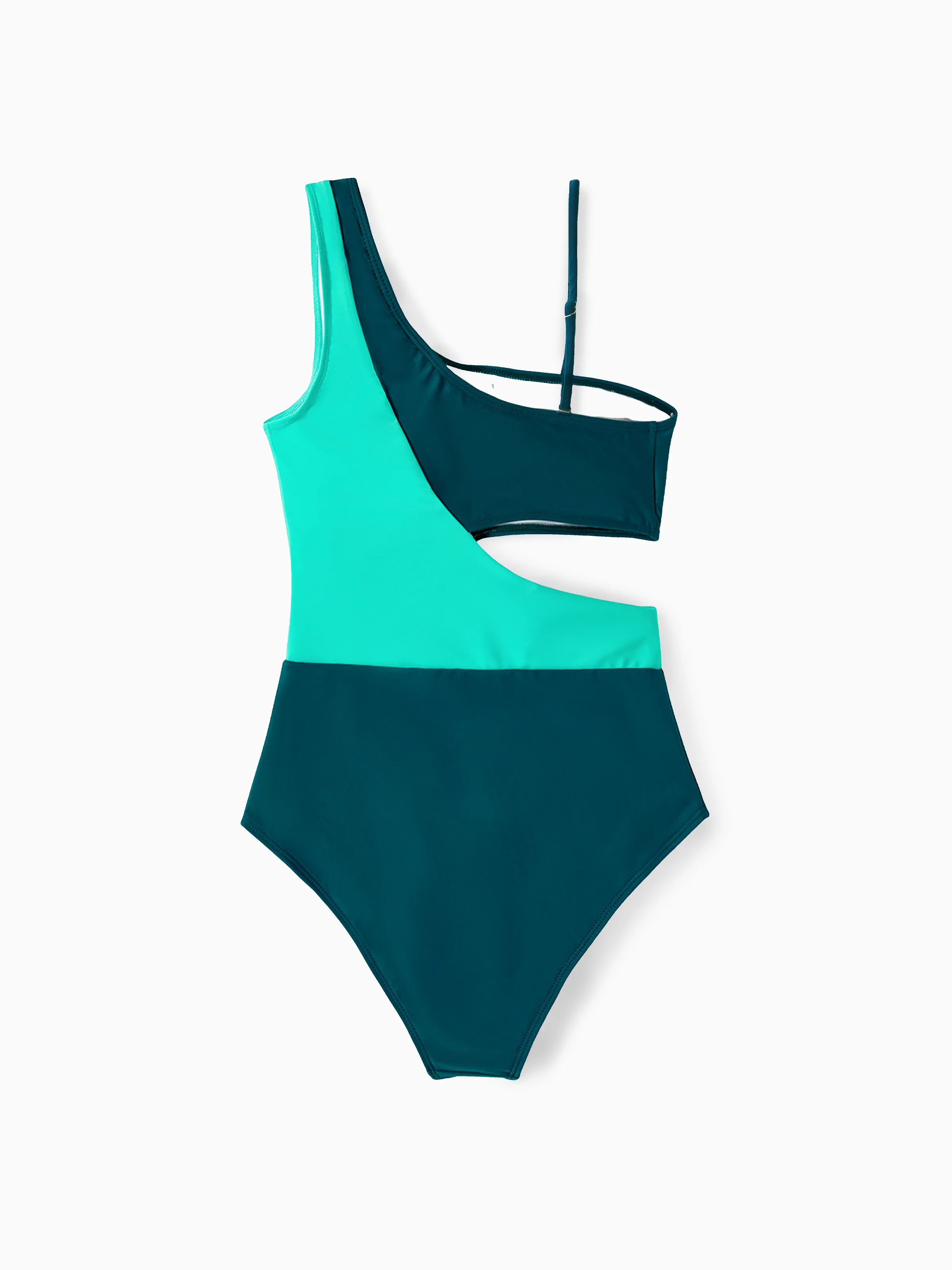 Family Matching Colorblock One Shoulder Cut Out One-piece Swimsuit and Striped Spliced Swim Trunks Shorts DeepTurquoise - Image 5