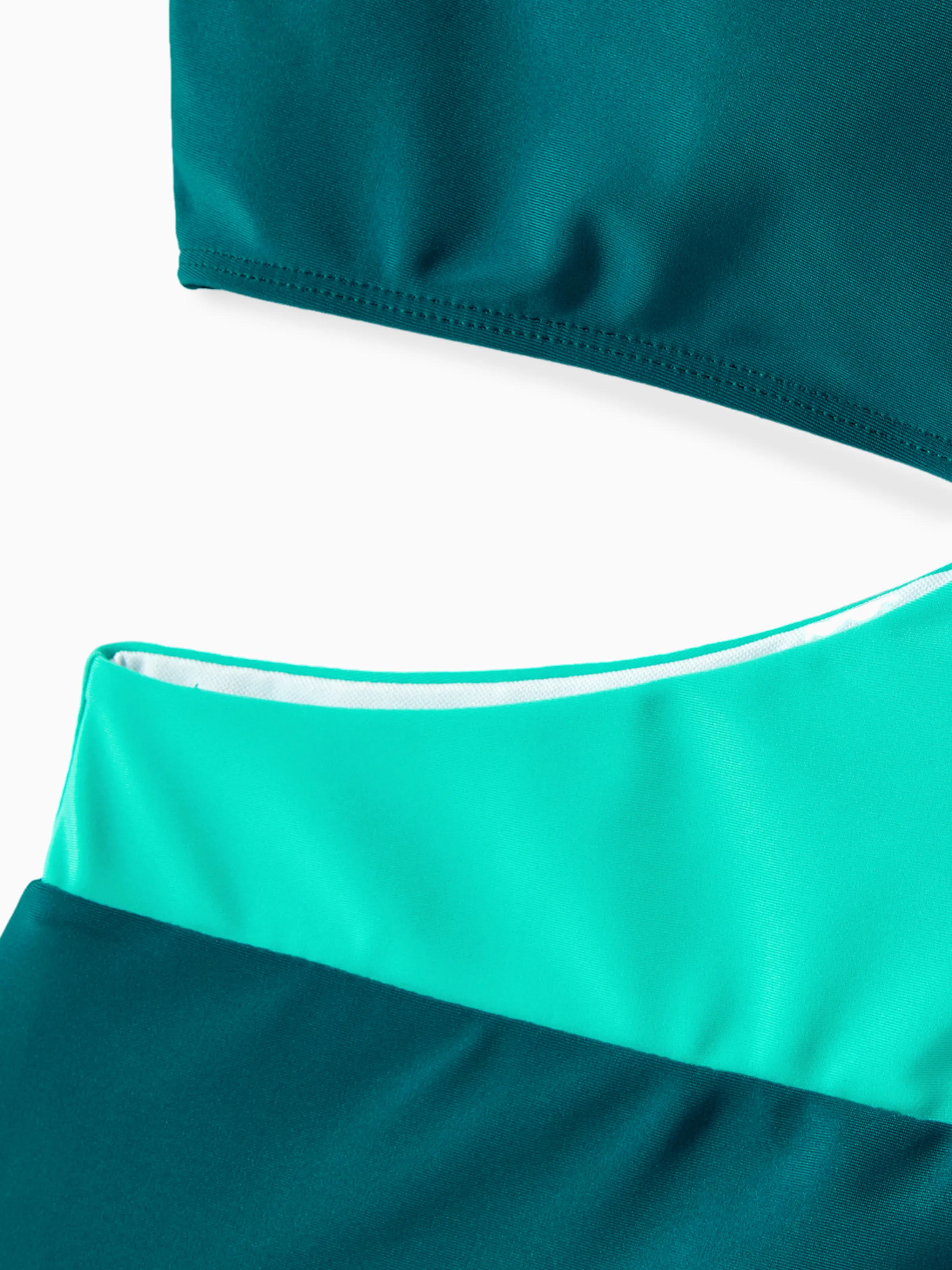 Family Matching Colorblock One Shoulder Cut Out One-piece Swimsuit and Striped Spliced Swim Trunks Shorts DeepTurquoise - Image 6